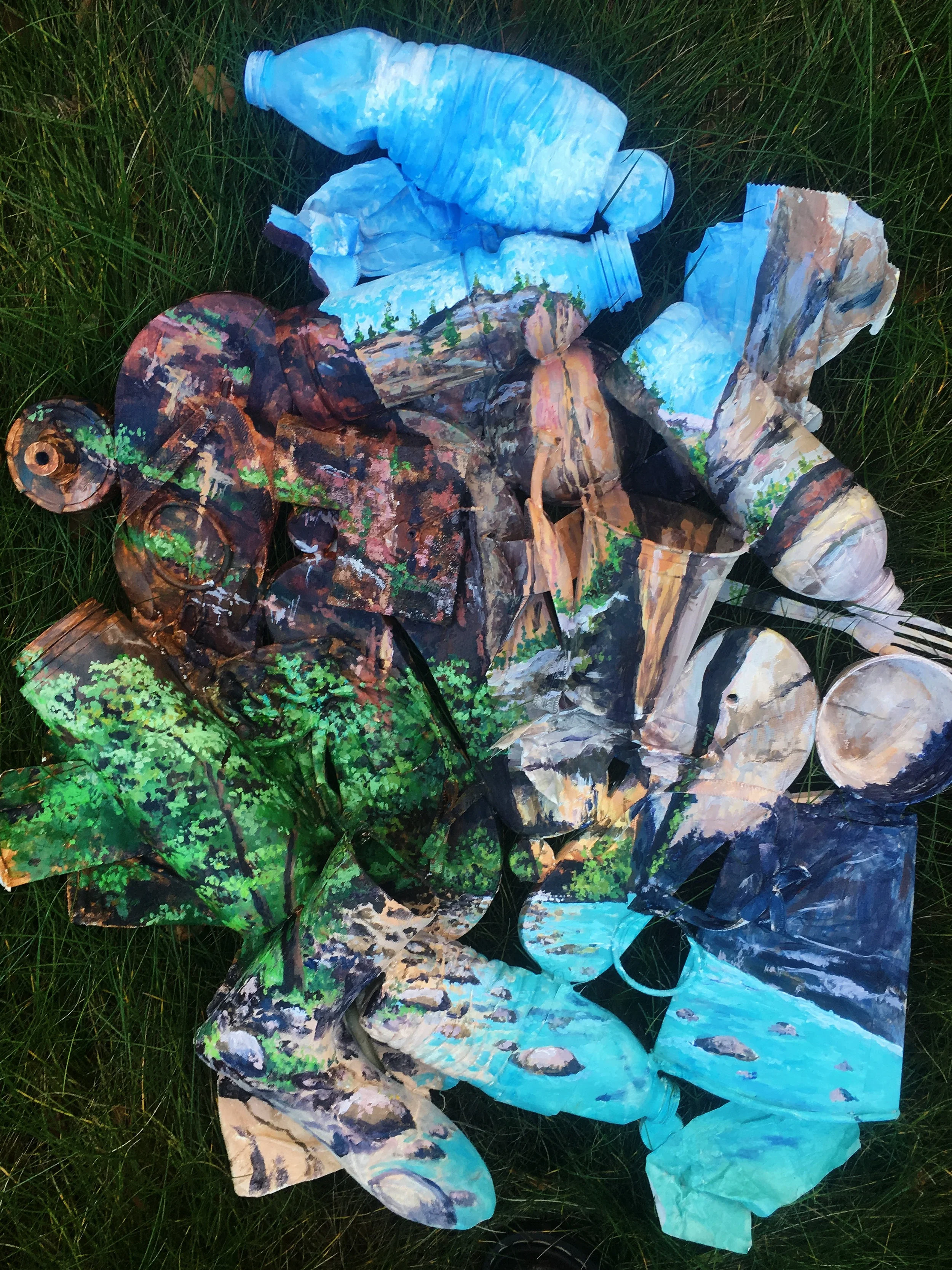 Acrylic on trash found at the Zion National Park on the Narrows Trail (water bottles, waterproof bootie, hair ties, broken flip flops)