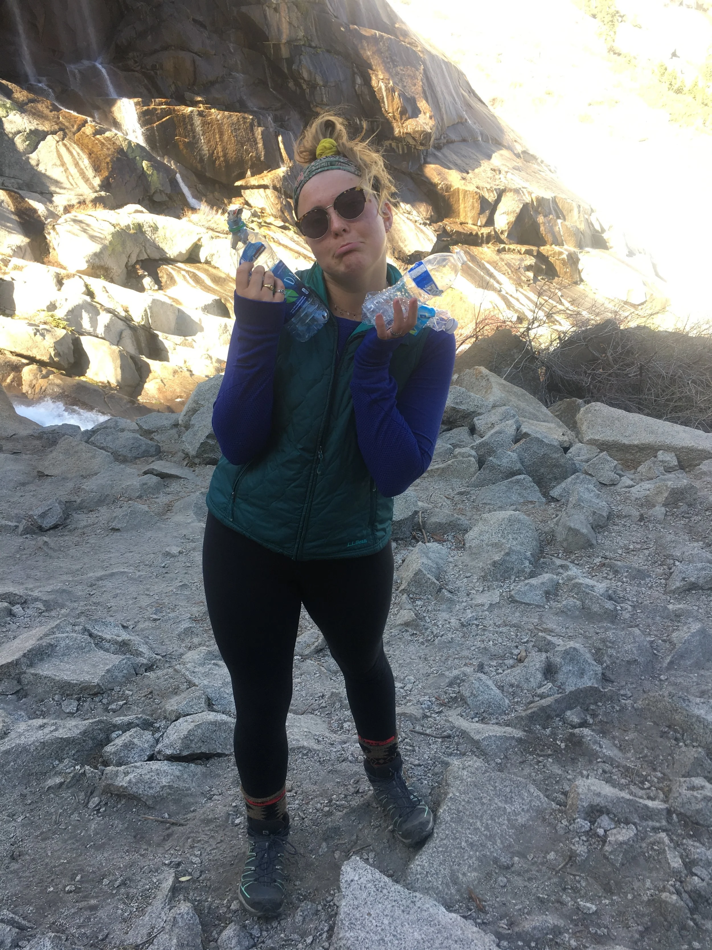 Looking sad with three of the water bottles found behind rocks at the end of the Tokopah Falls Trail. 