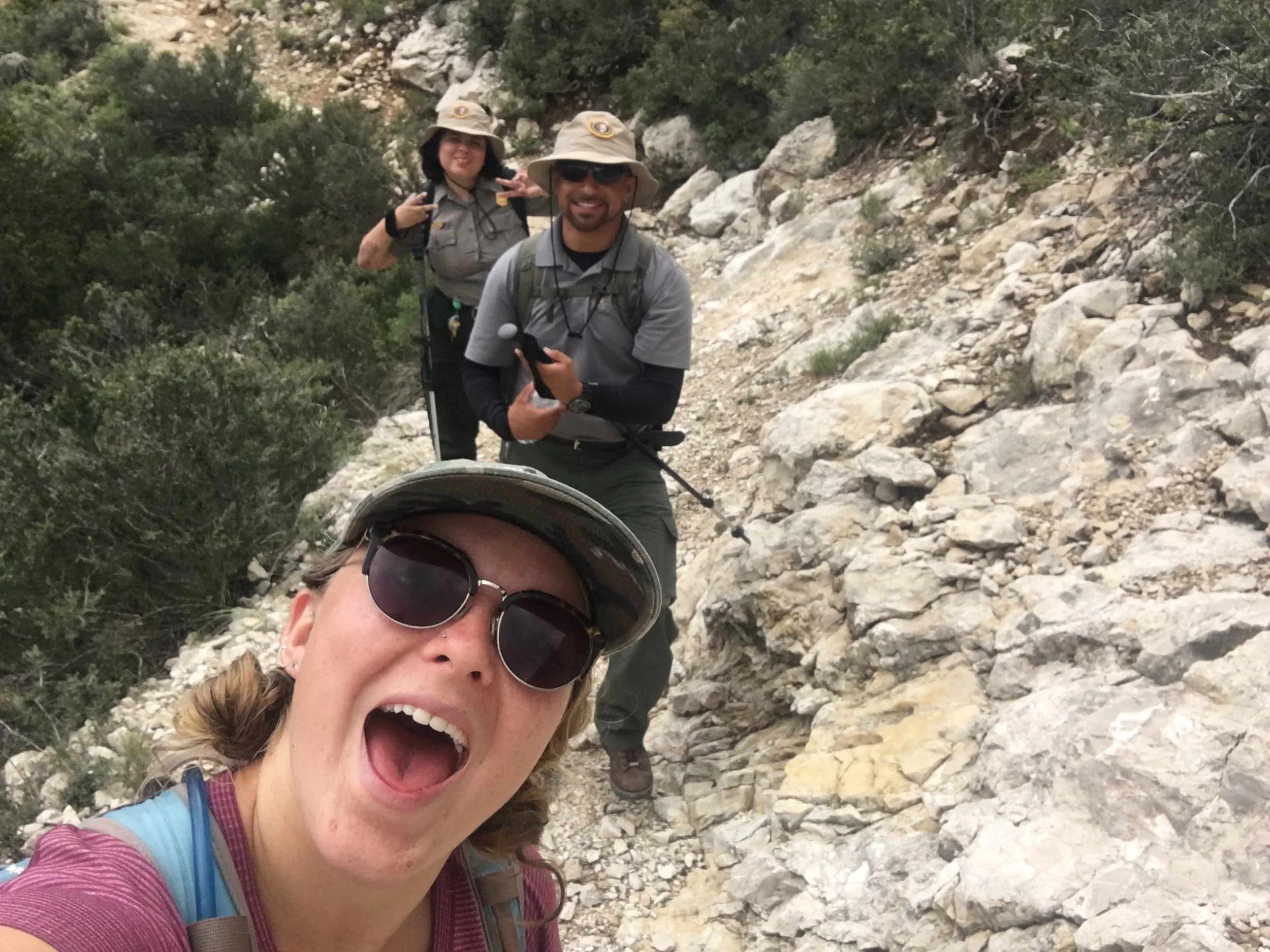 Hiking up Bear Canyon to Tejas trail with my ranger friends Angel and Destiny