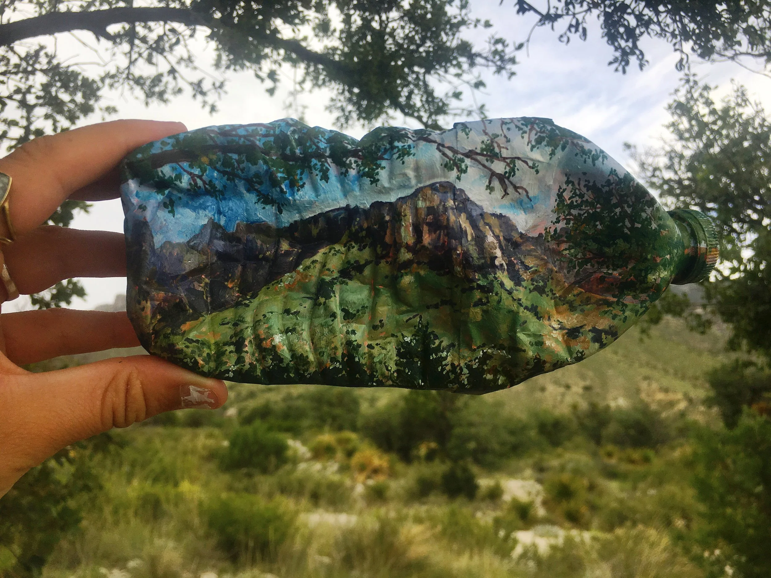 Water bottle left behind on the Pine Springs Campground trailhead 20 feet from a recycling bin. NOW depicting Hunter's peak