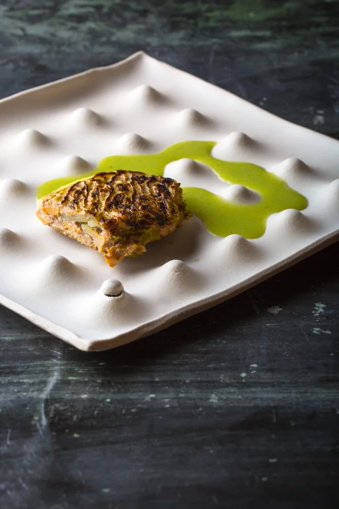 "Wire Nut Grid" 9 1/2"x 9 1/2"x 3/4" Image taken by Eric Wolfinger • Cabbage, Potato, Chanterelles, Walnut, Lovage prepared by David Patterson