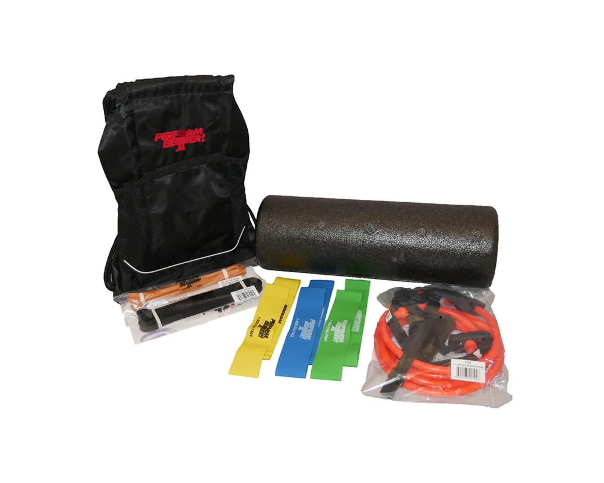 CLICK HERE TO PURCHASE Inside Kit: (1) 1/4" Orange First Place Superband (1) 1/2" Black First Place Superband (2) Light resistance yellow Miniband (2) Medium resistance green Miniband (2) Heavy resistance black Miniband (1) Level 4 Orange First Place Exercise Band (1) 18" PB Elite Firm Round Molded Foam Roller (1) PB Drawstring Bag