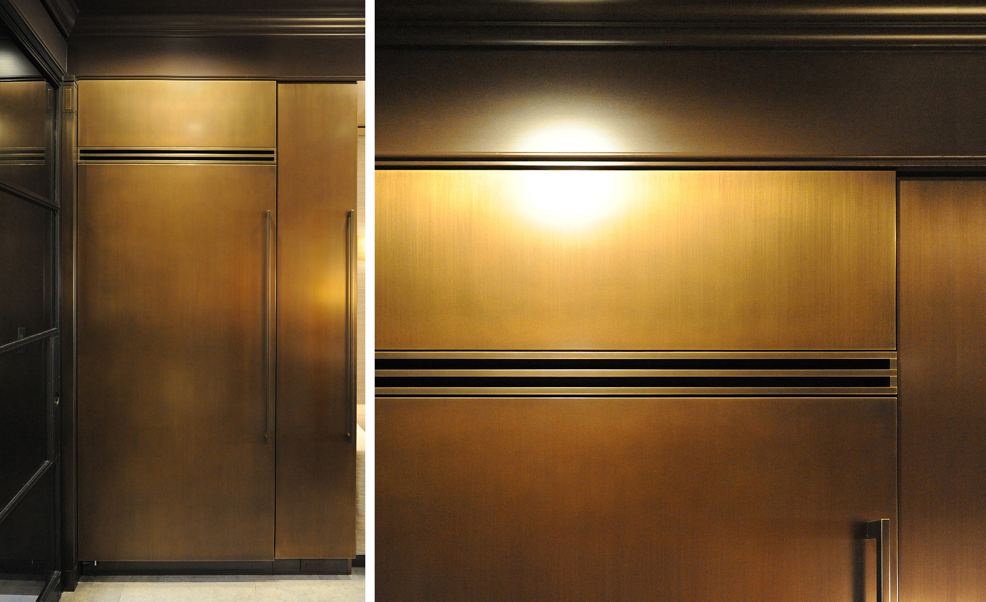  Sub-Zero appliances, stainless doors stripped to raw metal and patinated in special tinted bronze. Custom handles, returns and registers fabricated to match. 