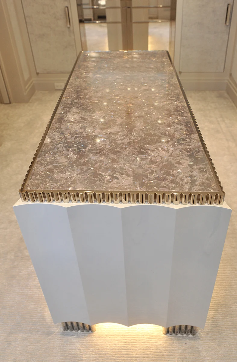  Infill of decorative resin surrounded by hand-crafted nickel edge 