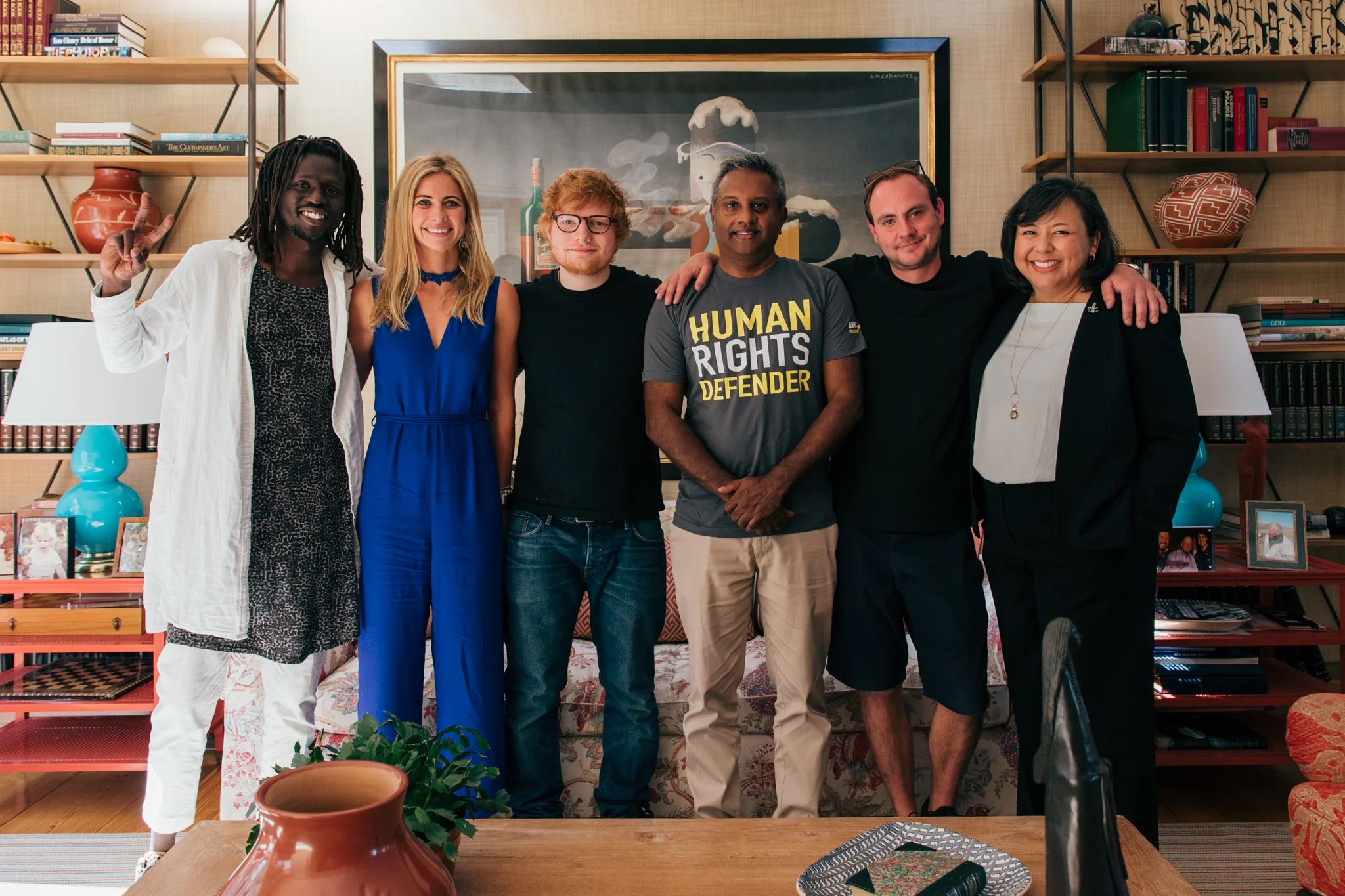 Emmanuel Jal, Holly Branson, Ed Sheeran, Salil Shetty (Amnesty Int'l Sec. General), Rocky Start (Sofar Sounds co-founder), and Margaret Huang (Amnesty USA Exec. Director)