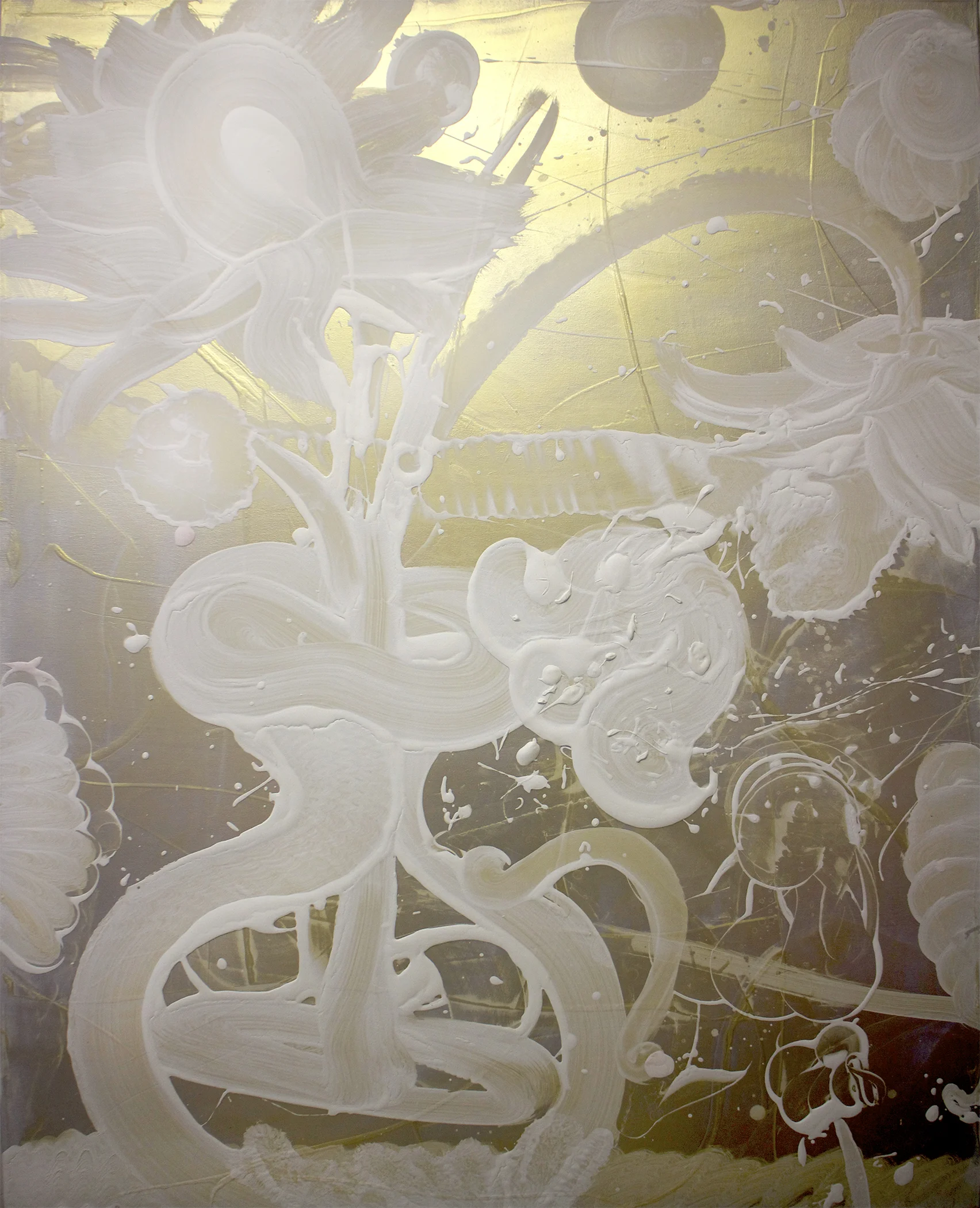 "Mica Painting (honey b.)”, 2015, 60 x 48 inches, acrylic mediums, silver/gold interference mica pigment, on canvas.