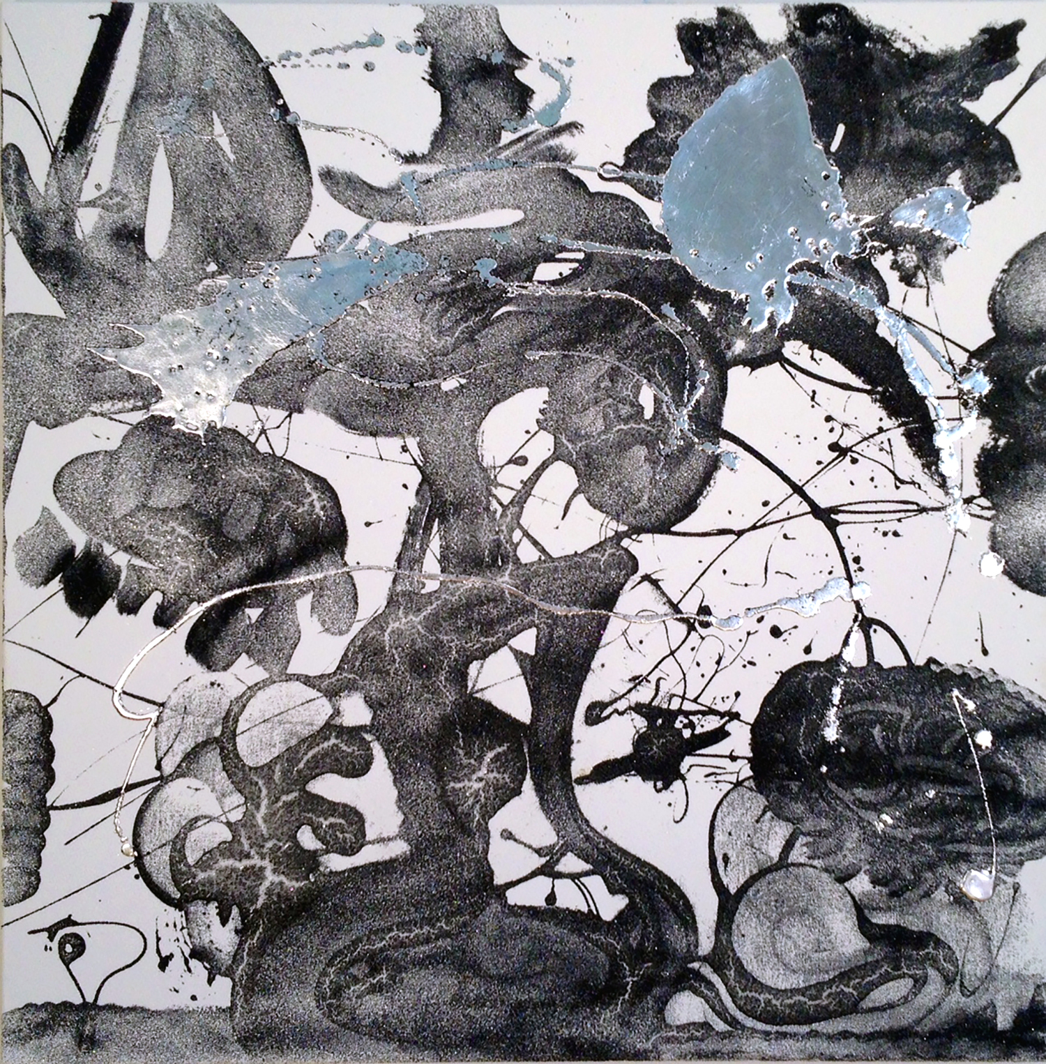 Carborundum Painting (tilt) , 2015, carborundum grit, encaustic, metal leaf, on canvas, 40 x 40 inches. 