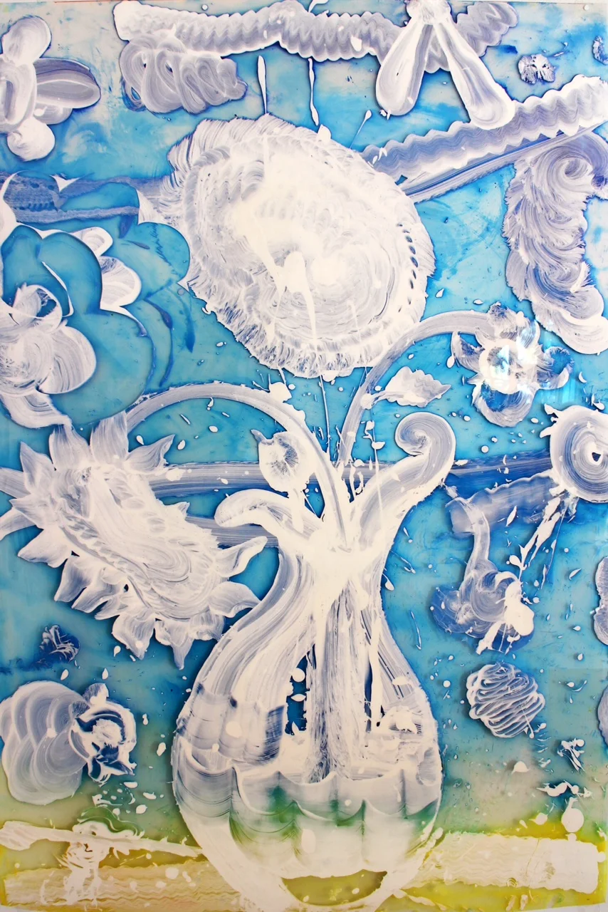   Reverse Mylar Painting (morning composition no. 5),&nbsp;2015,  60” x 40”, acrylic pigment, molding paste, oil based inks on polyester sheeting. 