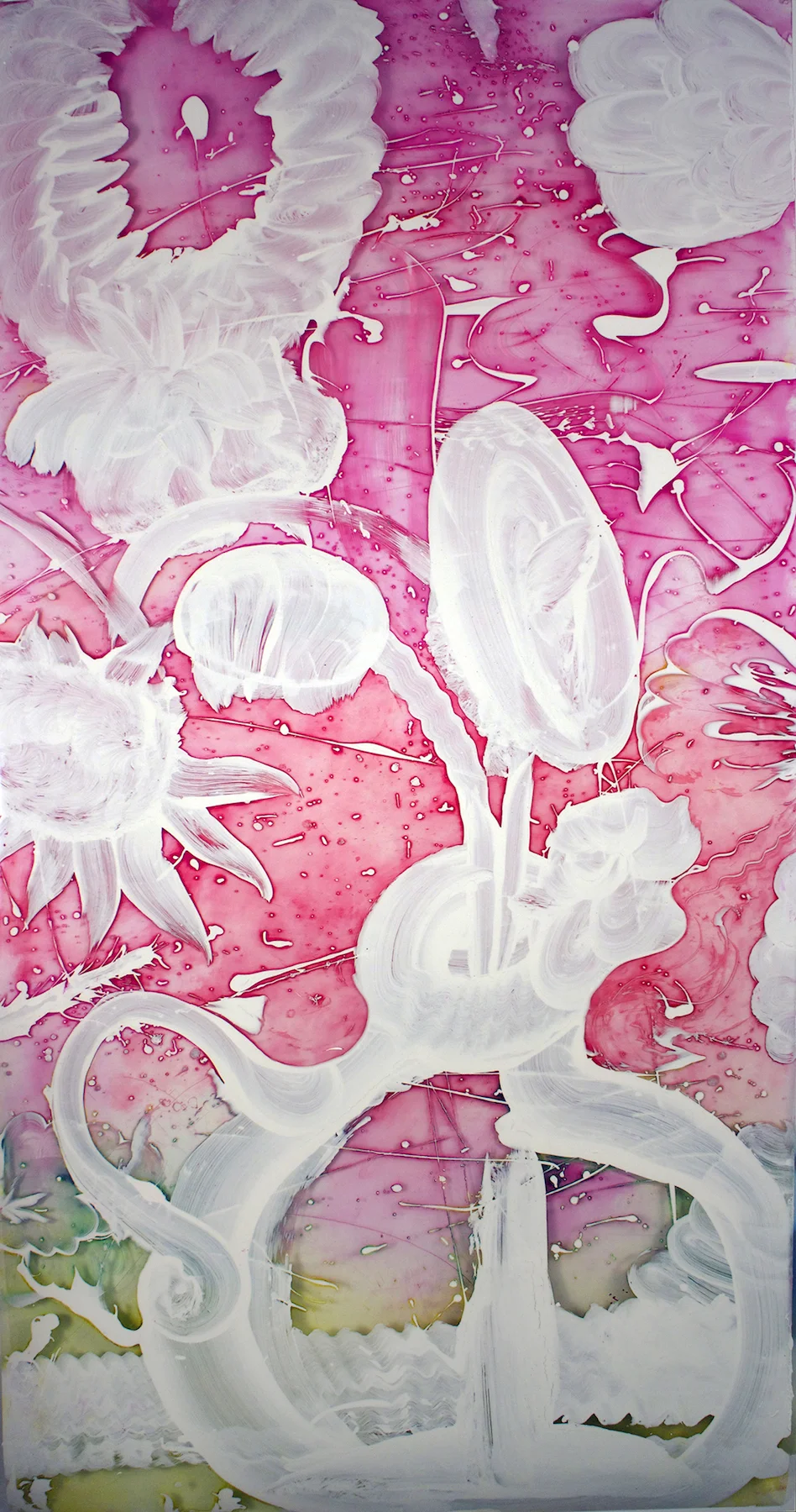 Reverse Mylar Painting (evening composition passiflora 2) , 2015, 80” x 40”, acrylic pigment, molding paste, oil based inks on polyester sheeting.