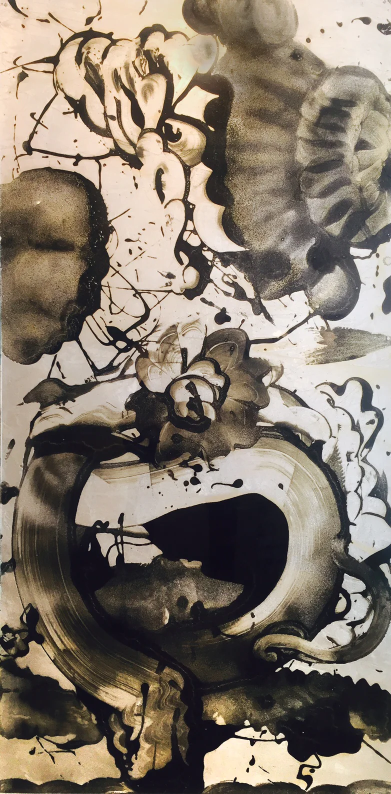Reverse Painting (pom-pom) , 2016, 48 x 24 inches, acrylic, interference mica pigment, intaglio ink, carborundum grit, silver leaf, on plexiglass.