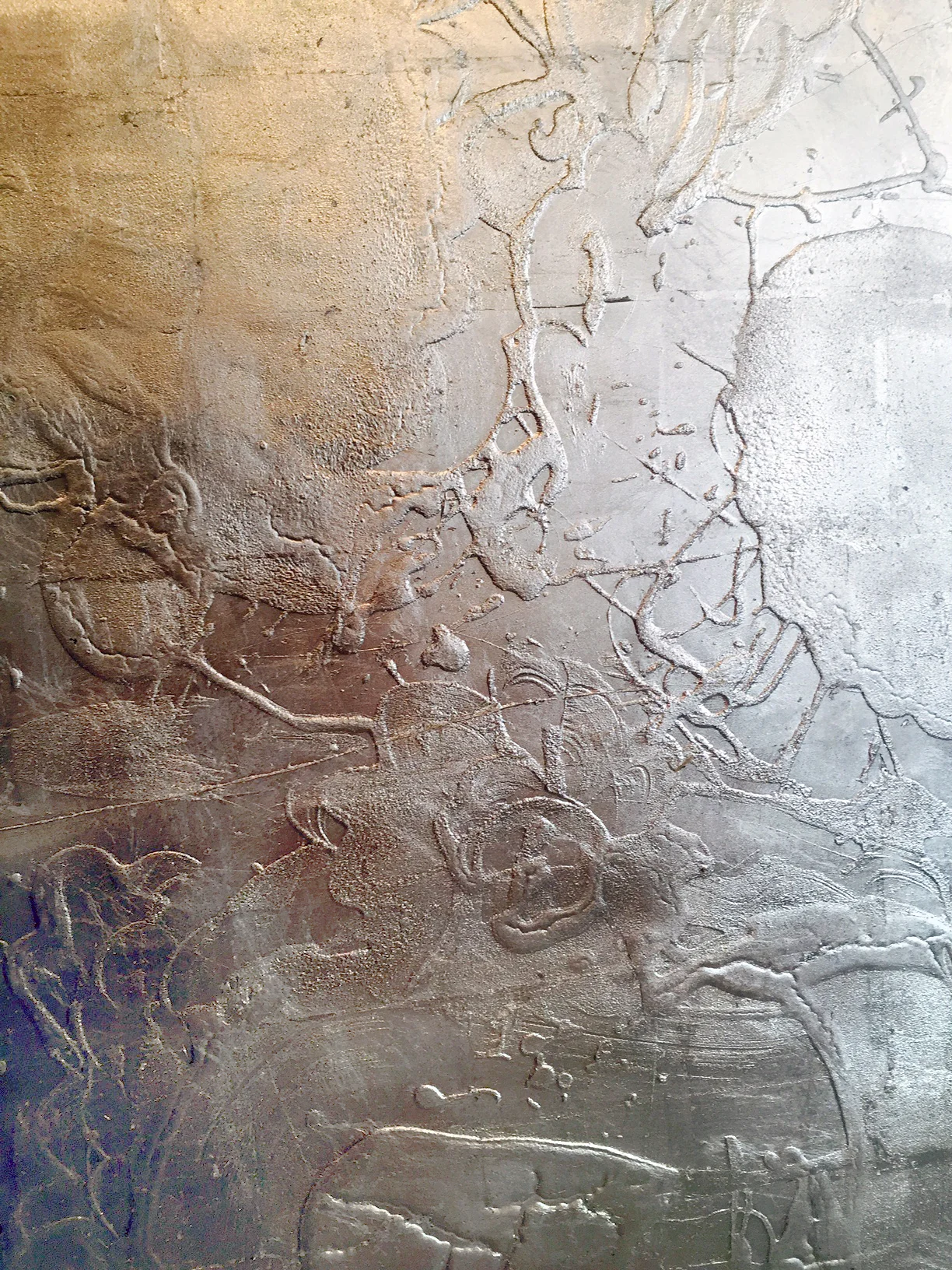 Alternate Side View: Reverse Painting (pom pom) , 2015, 36 x 30 inches, acrylic, interference mica pigment, intaglio ink, carborundum grit, silver leaf, on plexiglass.