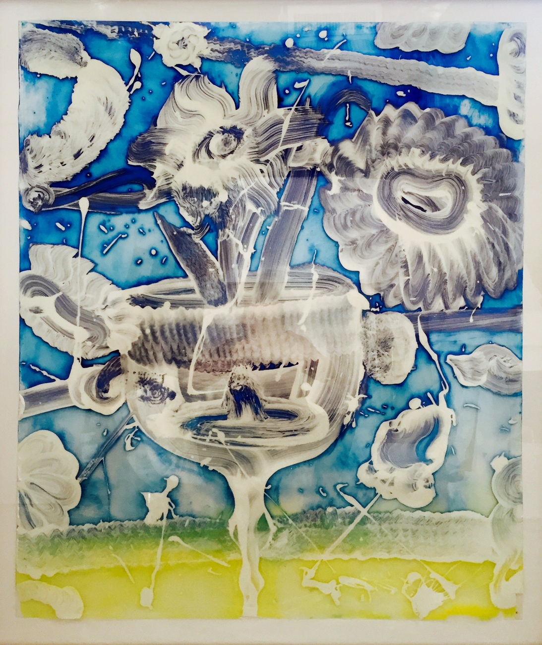 Mylar Reverse Painting (morning composition) , 2015, acrylic mediums and oil reverse painted on Mylar, 40 x 34 inches.