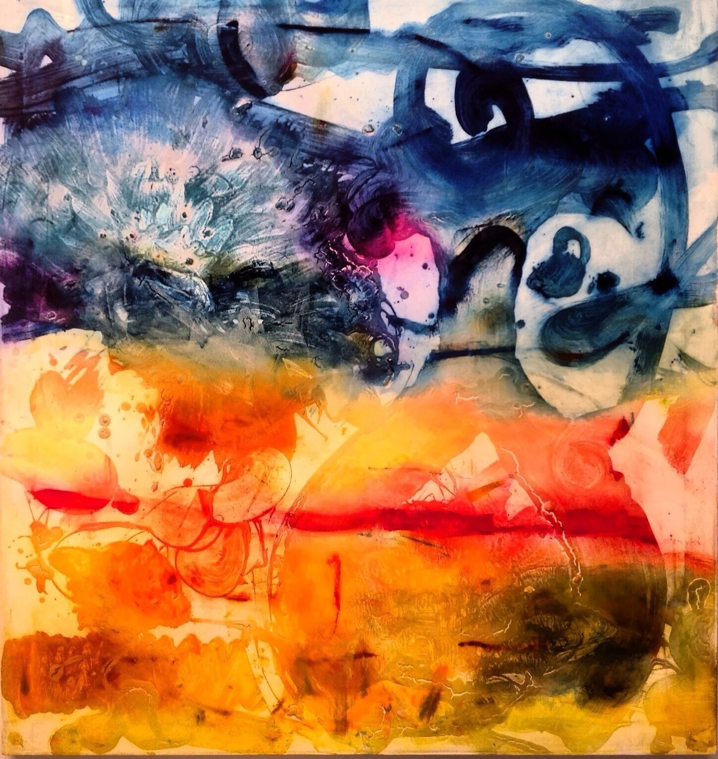 Relief painting: Bodega (peacock), 2014 , 52” x 48”, oil, acrylic, molding paste, cold wax medium on canvas.