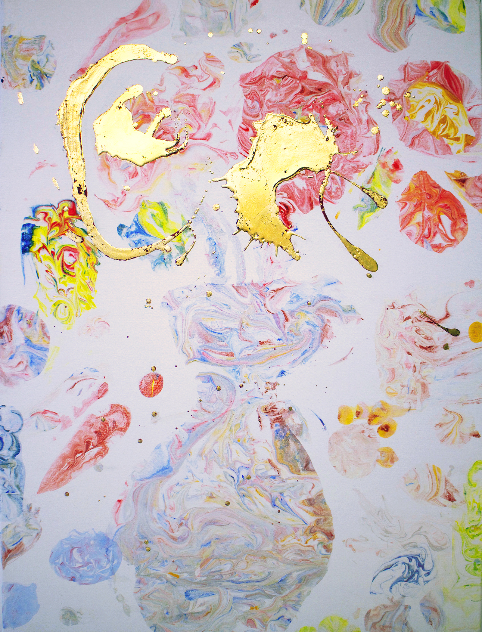 Shaving Cream Ebru (clownface) , 2016, pigmented acrylic marbling, encaustic, gesso, metal leaf, on canvas, 40 x 30 inches.