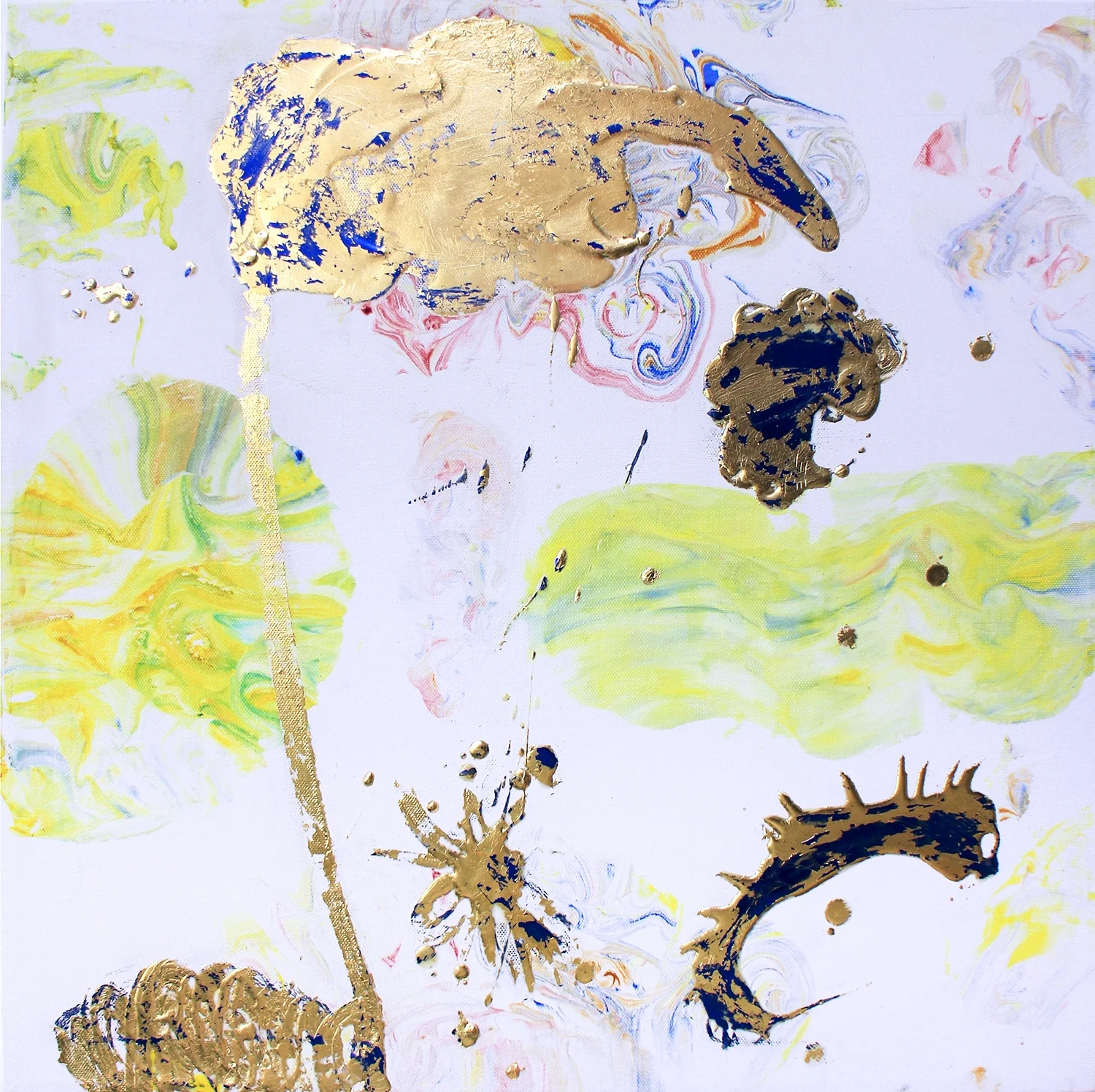 Shaving Cream Ebru (limelike) , 2016, pigmented acrylic marbling, encaustic, gesso, metal leaf, on canvas, 20 x 20 inches.
