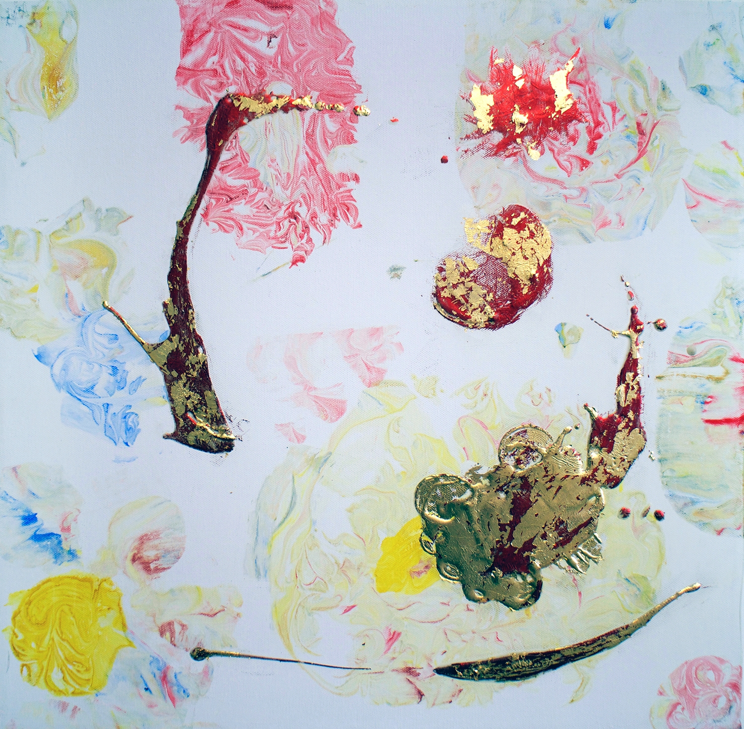 Shaving Cream Ebru (buttercup) , 2016, pigmented acrylic marbling, encaustic, gesso, metal leaf, on canvas, 20 x 20 inches.