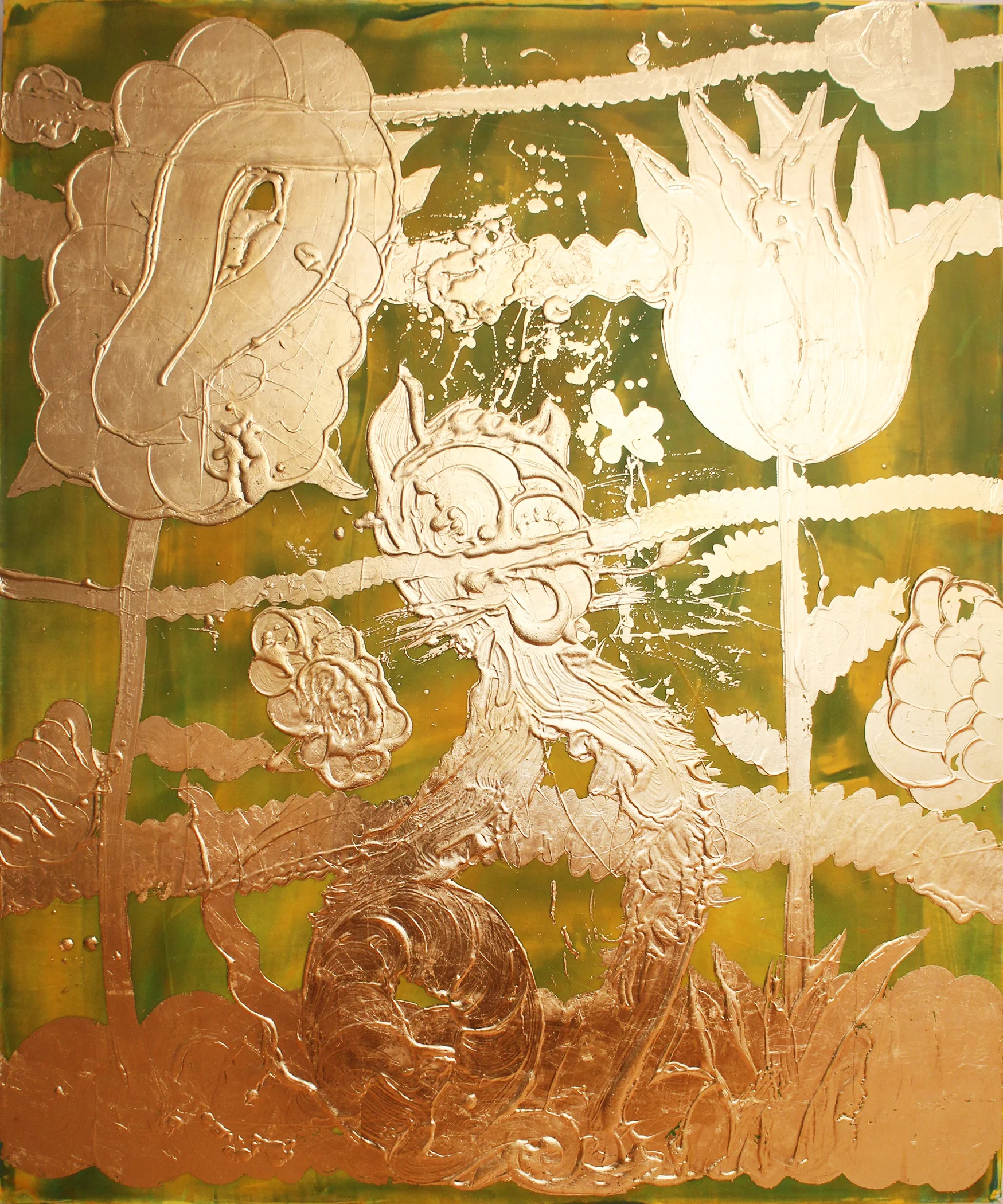 Luminous Gold (cat with tulips) , 2018, 72 x 60 inches, metal leaf, acrylic, pigment on canvas.