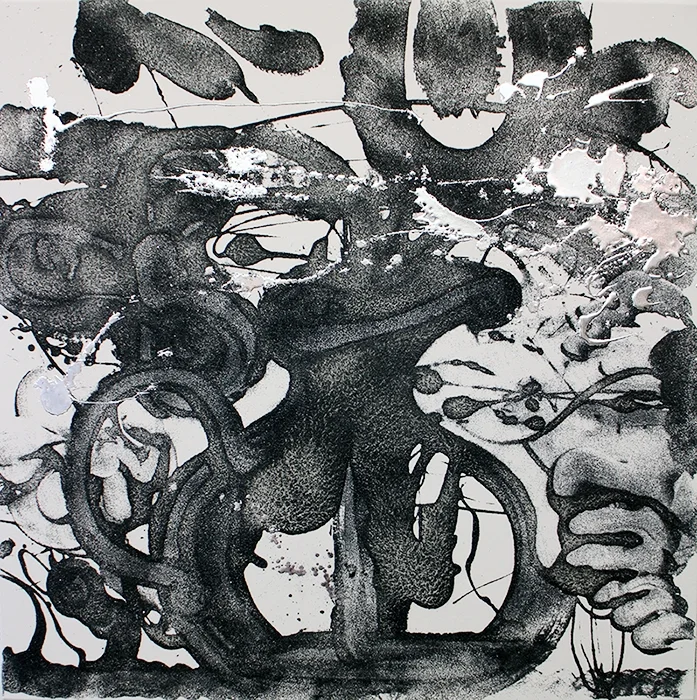 Carborundum and Silver Painting ( violets) , 2016, acrylic, carborundum grit, encaustic, metal leaf, on canvas, 40 x 40 inches.