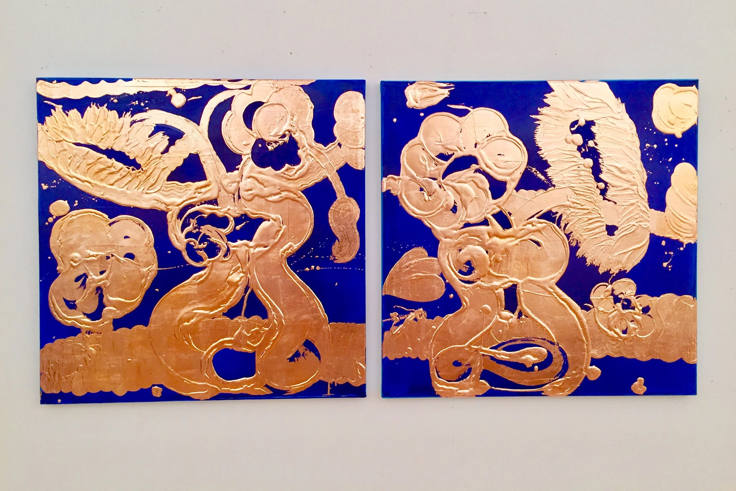 Installation View: Gilded Painting (Luminous Cobalt Blue no.4, no.5) , 2018, 40 x 40 inches, each, acrylic resin, pigment, copper leaf on canvas.