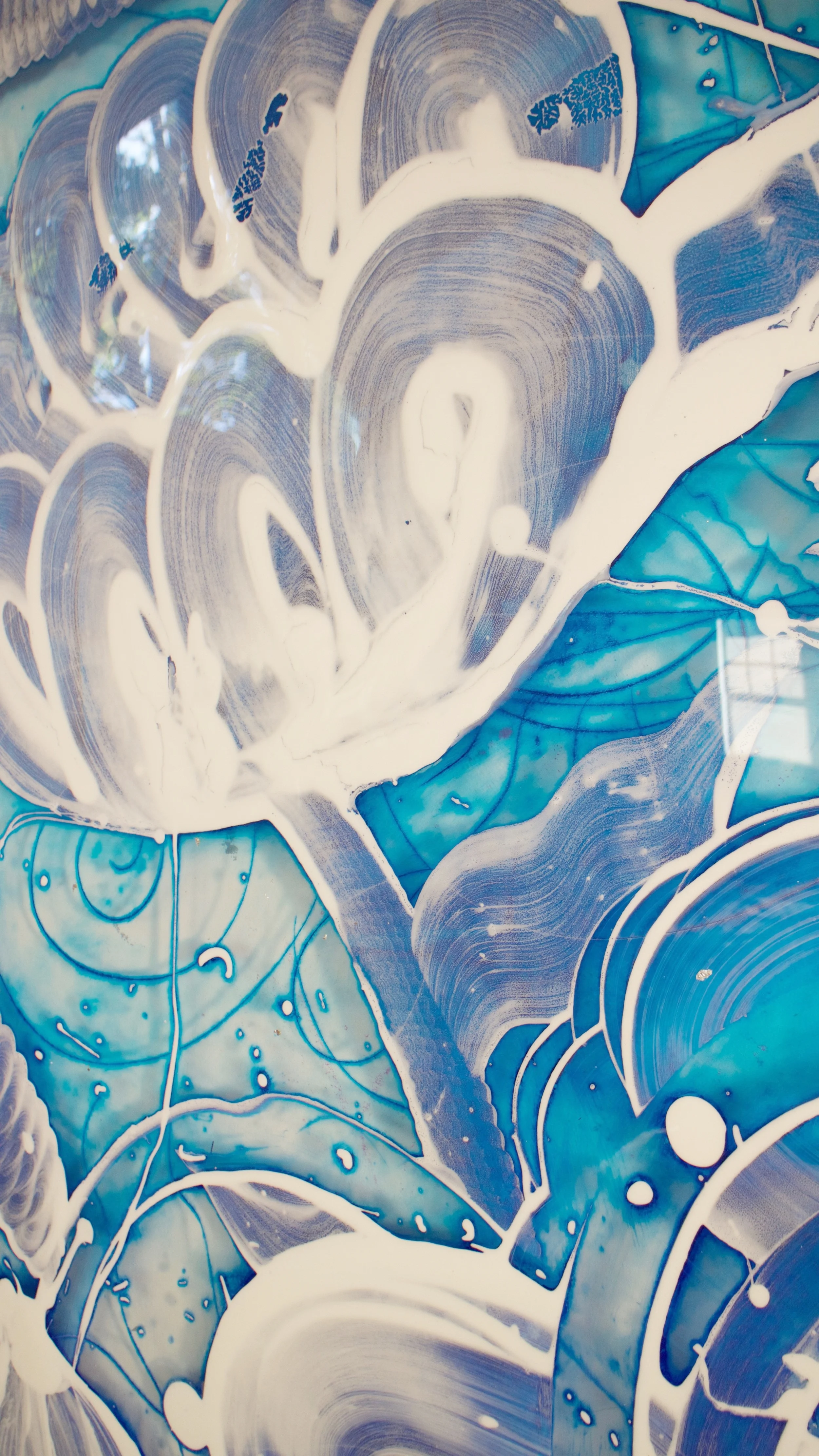 Detail: Reverse Mylar Painting (morning composition-blue tulips) , 2018, 80” x 40”, acrylic pigment, molding paste, oil based inks on polyester sheeting.