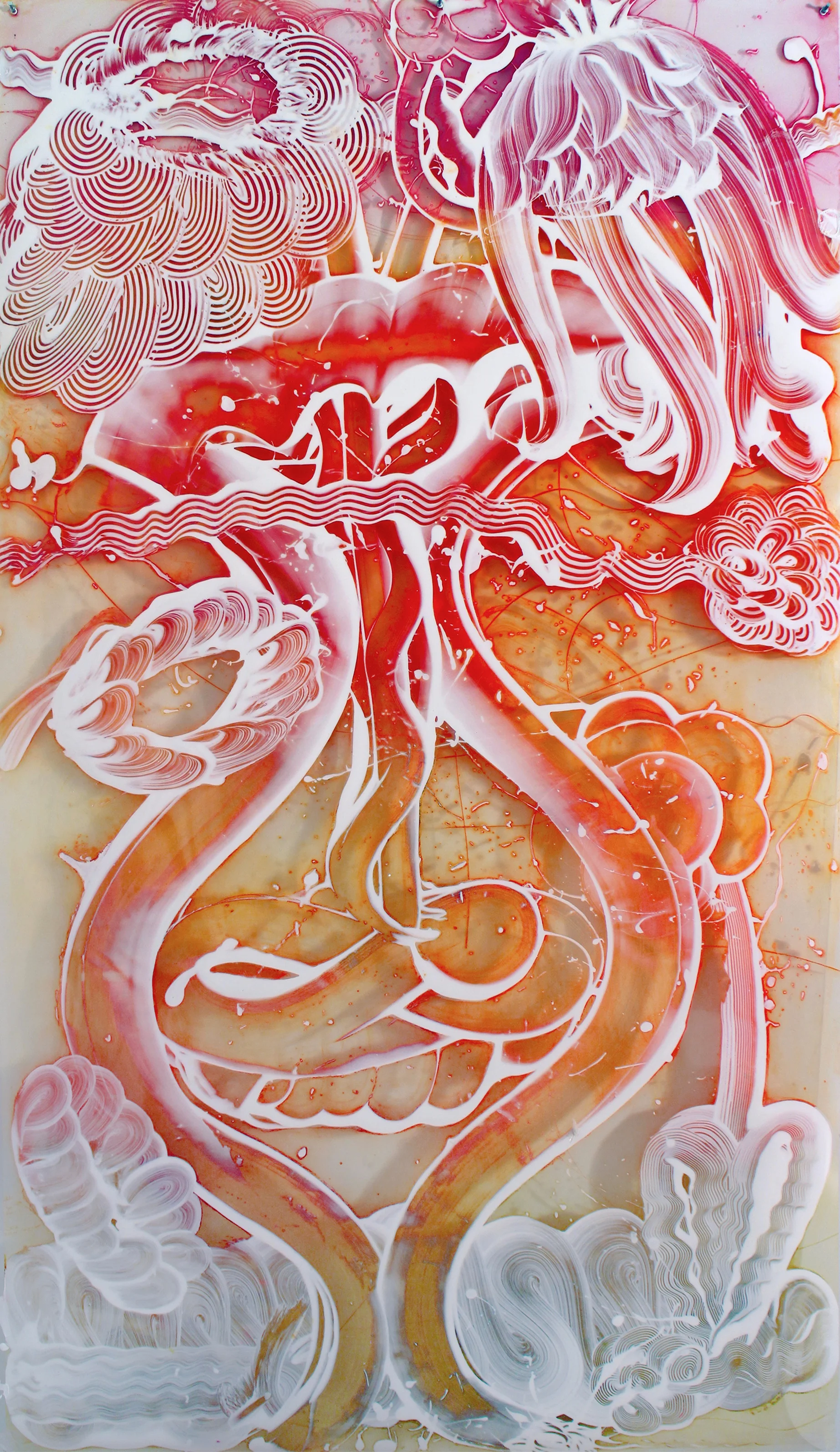 Reverse Mylar Painting (Rainbow Curvy), 2019, 84 x 48 x .01inches, oil, acrylic mediums, metal grommets on polyester sheeting.