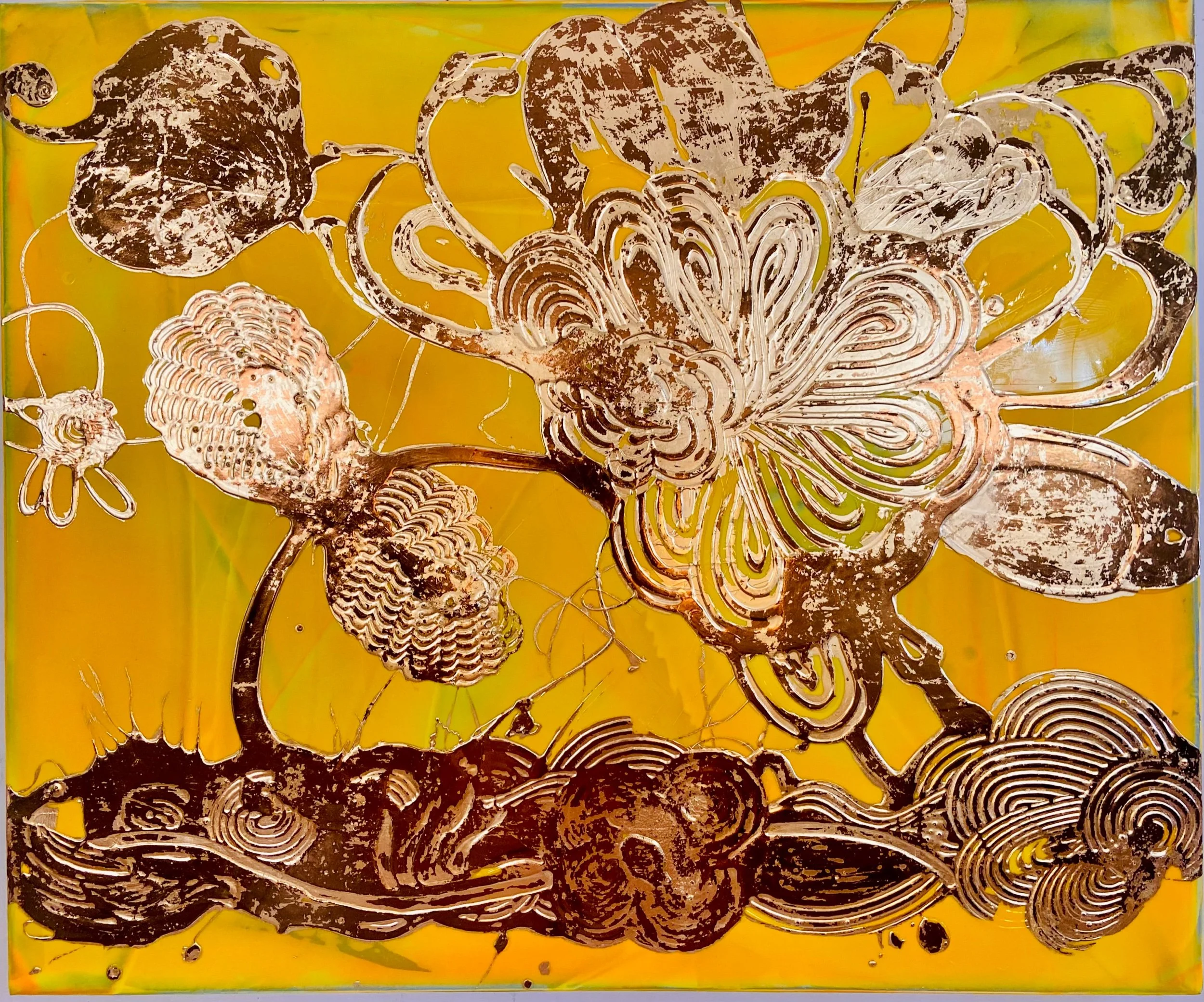   Luminous Yellow Painting (bronze) , 2024, 40 x 48 inches to, acrylic, luminous pigments, metal leaf, on canvas. 