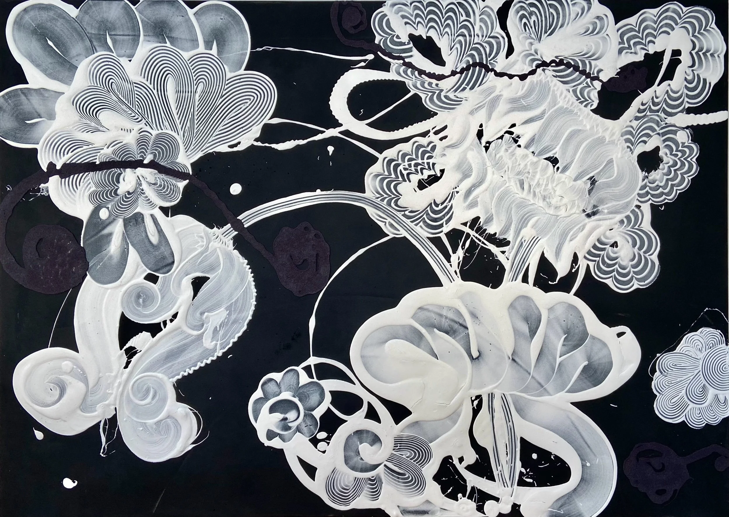 Black Velvet Painting, 2024, 60 x 84 inches, acrylic, polyester, flocking, glass beads, on canvas. 
