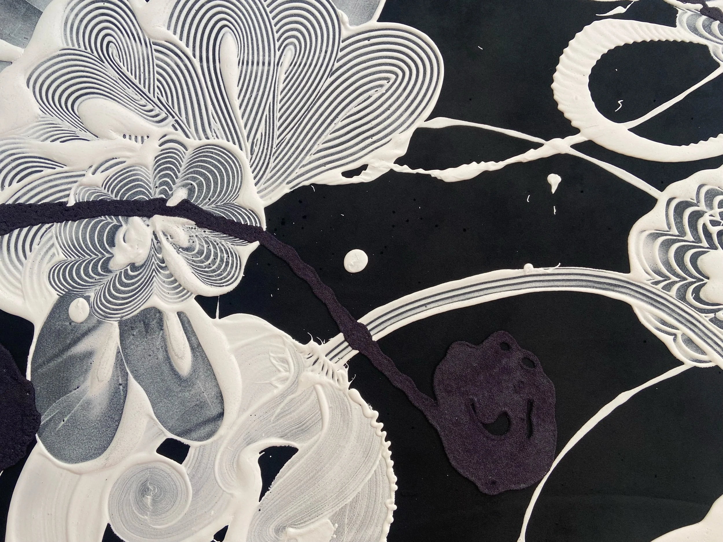 Black Velvet Painting, 2024, 60 x 84 inches, acrylic, polyester, flocking, glass beads, on canvas. Detail. 