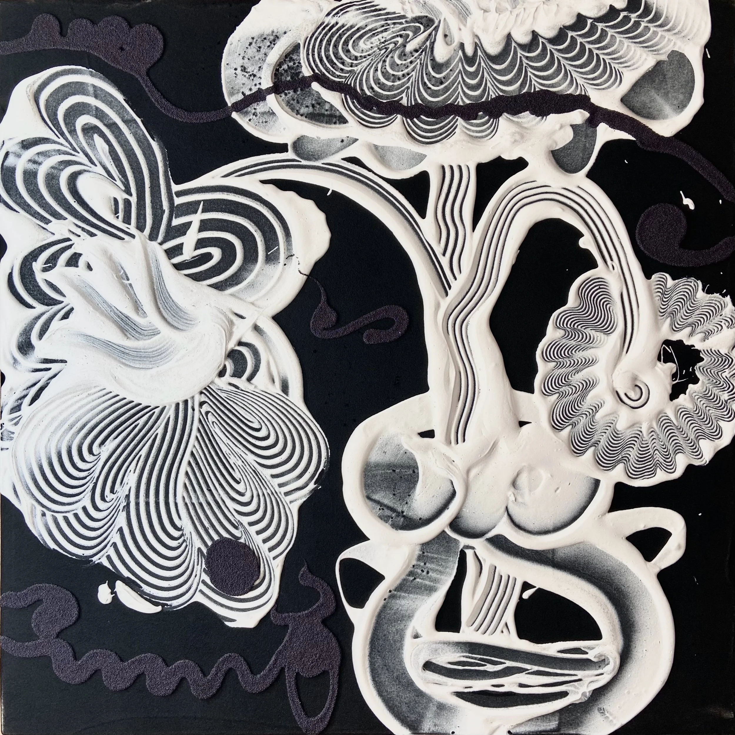 Black Velvet Painting, 2023, 30 x 30 inches, acrylic, polyester, flocking, glass beads, on canvas. 