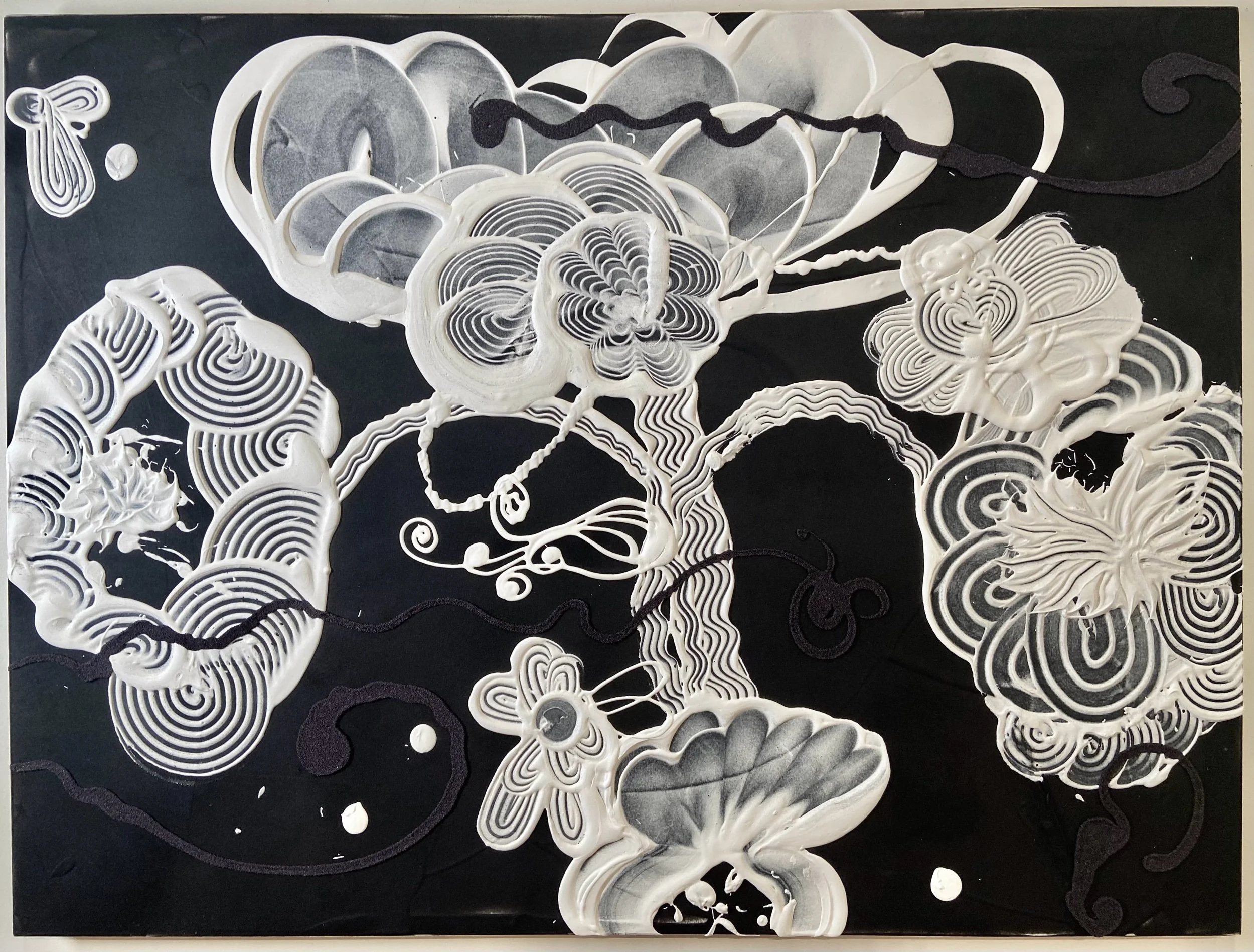 Black Velvet Painting, 2023, 36 x 48 inches, acrylic, polyester, flocking, glass beads, on canvas. 
