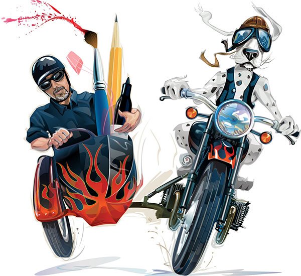 dog riding motorcycle with sidecar