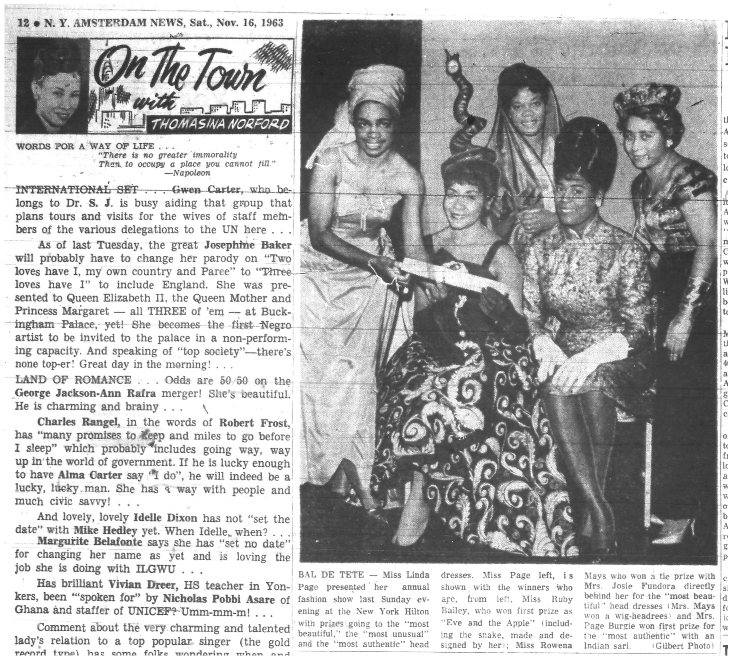  Ruby Bailey in her "Eve and the Apple" ensemble at the Bal de Tete,&nbsp; New York Amsterdam News  (November 16, 1963).&nbsp; 