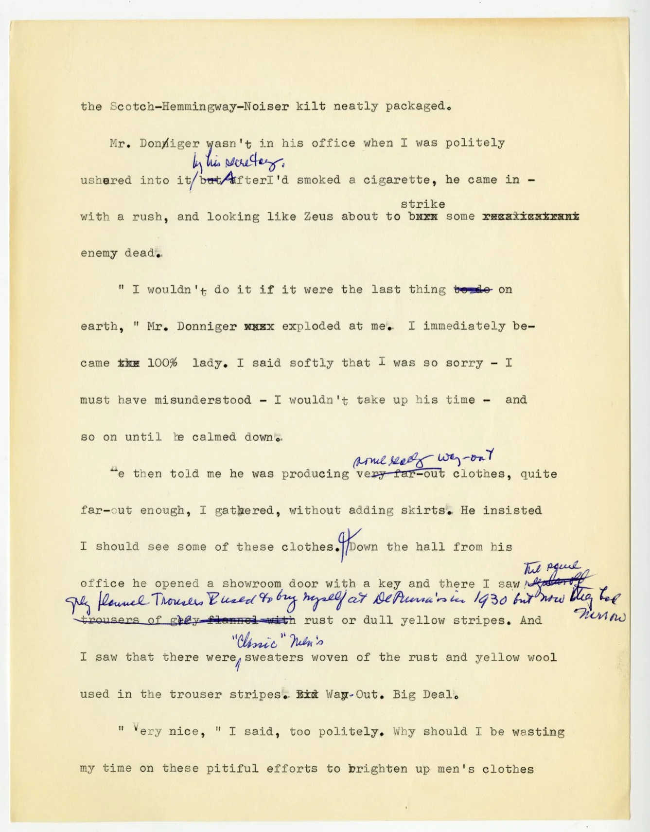 Hawes, Elizabeth. Unpublished manuscript draft entitled "Me & Skirts & Men. Undated. Elizabeth Hawes Papers, box 3, folder 8. FIT Special Collections and College Archive, Fashion Institute of Technology, New York, NY. Image courtesy of Fashion Institute of Technology|SUNY, Gladys Marcus Library Special Collections and College Archive. 