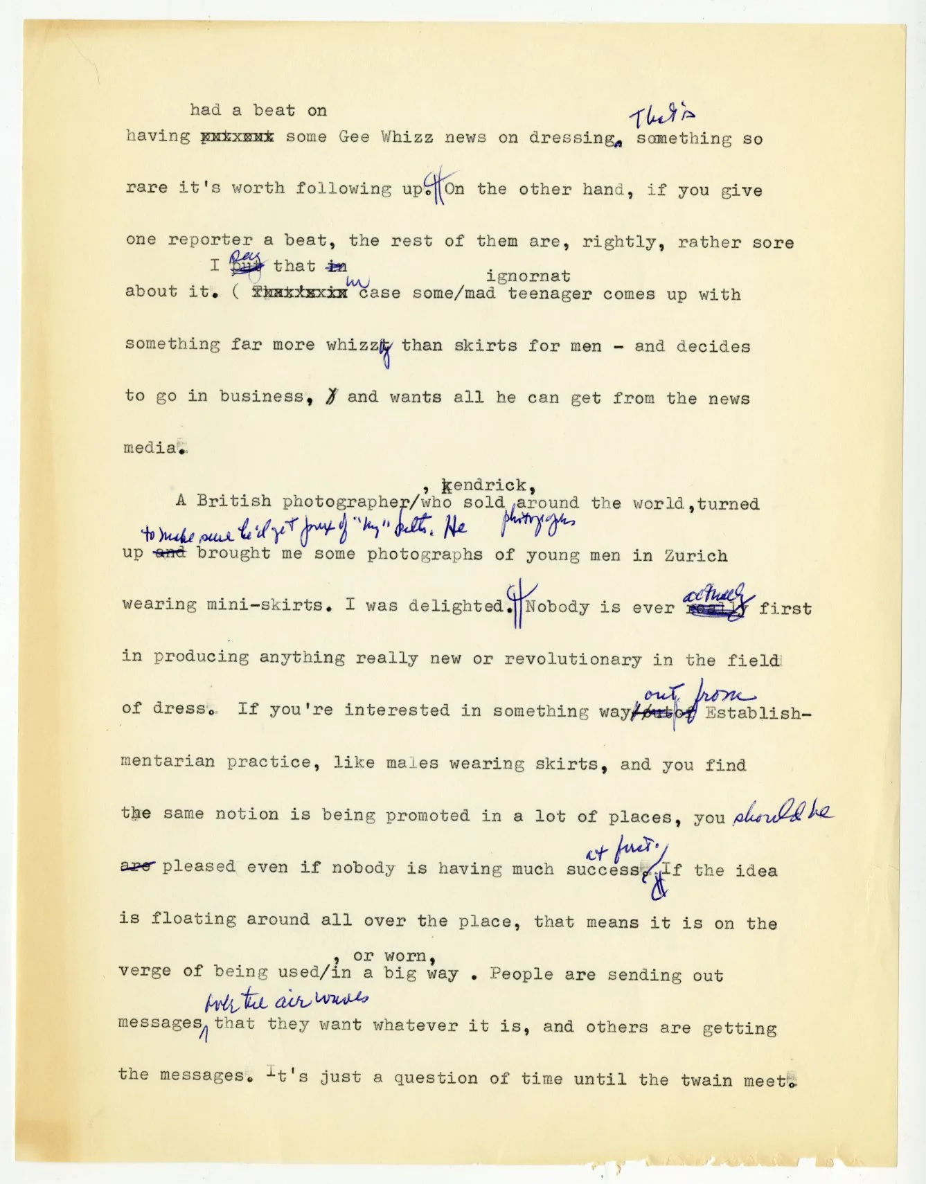 Hawes, Elizabeth. Unpublished manuscript draft entitled "Me & Skirts & Men. Undated. Elizabeth Hawes Papers, box 3, folder 8. FIT Special Collections and College Archive, Fashion Institute of Technology, New York, NY. Image courtesy of Fashion Institute of Technology|SUNY, Gladys Marcus Library Special Collections and College Archive. 