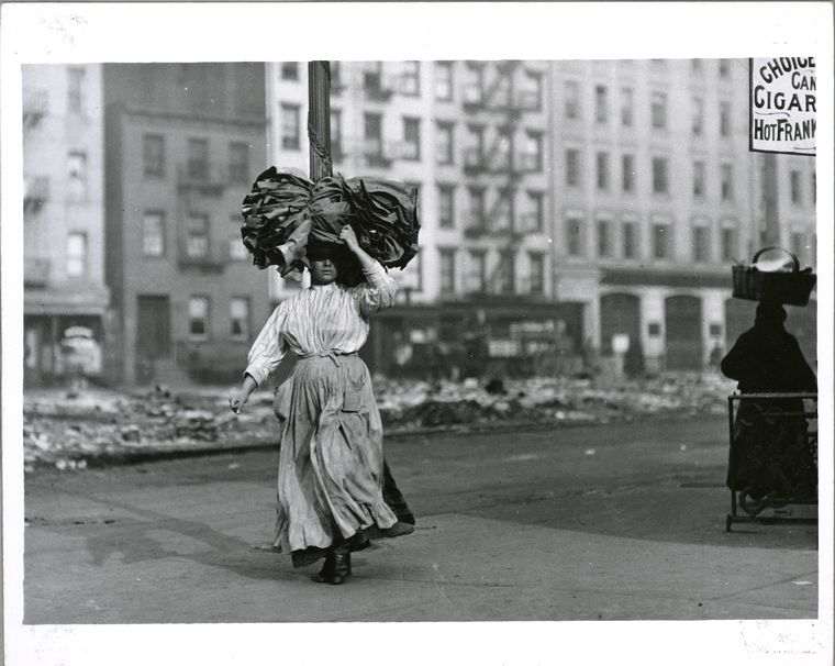    Carrying piece work for the garment industry .&nbsp; The Miriam and Ira D. Wallach Division of Art, Prints and Photographs: Photography Collection, The New York Public Library. (1900 - 1937).&nbsp; 