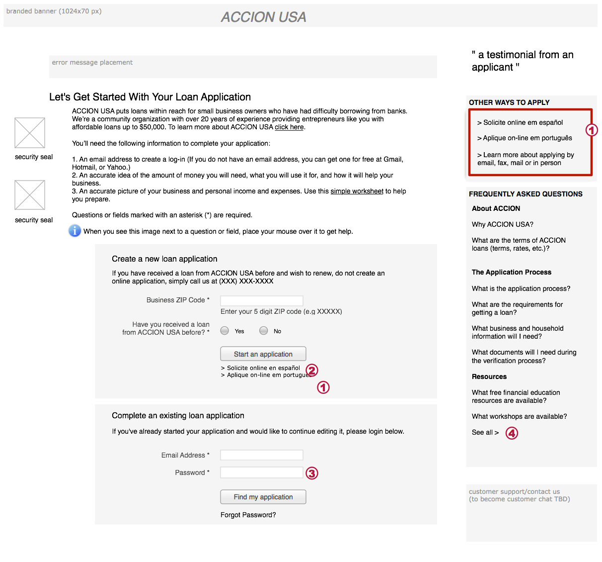 Early wireframes of the application landing page allowed for quick rounds of revision