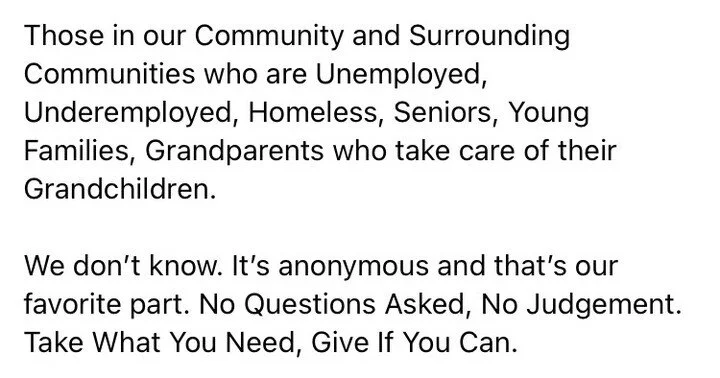 Who benefits from the #minipantrymovement, according to Hawley Sharing Box. 
#unemployed #underemployed #homeless #seniors #youngfamilies #grandparents providing #kinshipcare 

#favoritethings #takewhatyouneed #givewhatyoucan