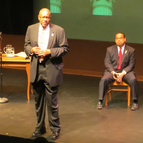 Judge Michael Davis and Keith Ellison in the post-play discussion after a performance of Thurgood in Minneapolis .
