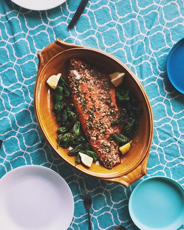 Family meal on the back patio with grilled wild caught salmon and shishito peppers. #onthetable #denver #vscocam