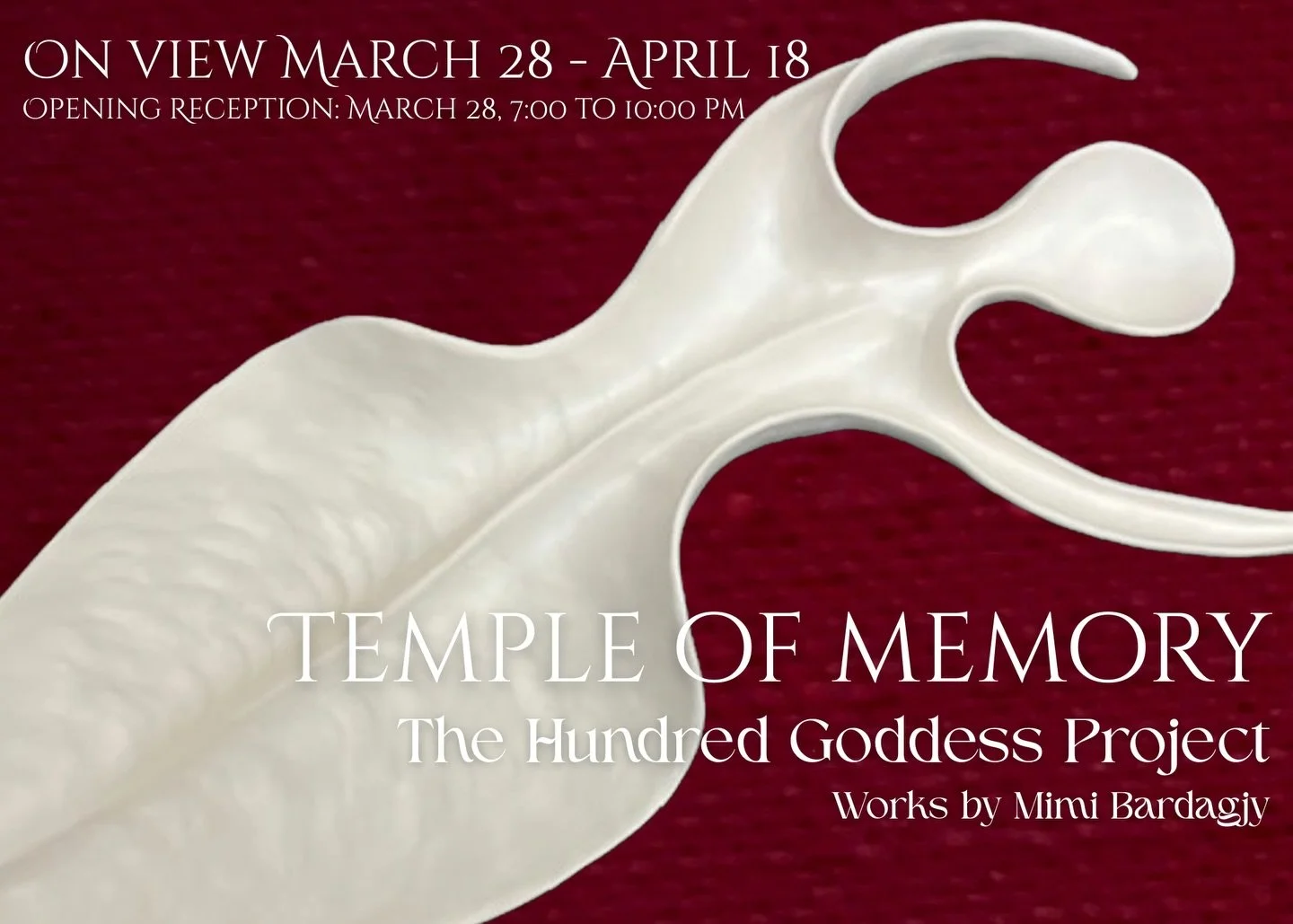 We have a very special announcement! Our next showing:

Temple of Memory
The Hundred Goddess Project
Porcelain works by @bardagjy.porcelain 

Opening: Saturday, March 28
7:00-10:00pm 

On view: March 28 through April 18

#austinart #austinartgallery 