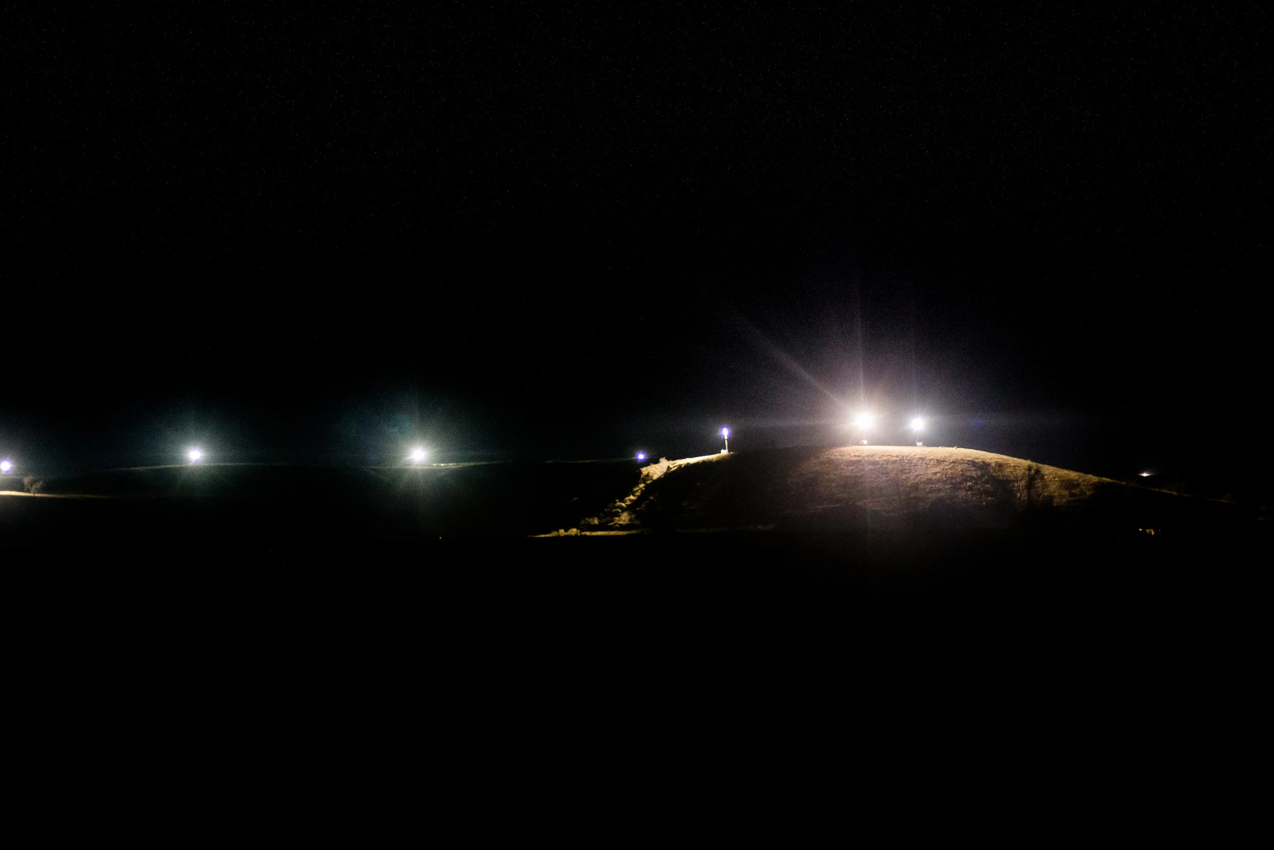 Flood lights on the hill side stayed on 24/7 to protect the pipeline