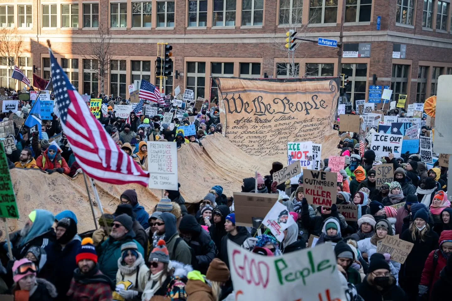 Anywhere between 50,000 and 100,000 people  marched in downtown Minneapolis as part of the national general strike on Jan 30th. Large protest like this one were held all across the country demanding no business as usual when ICE is terrorizing commun