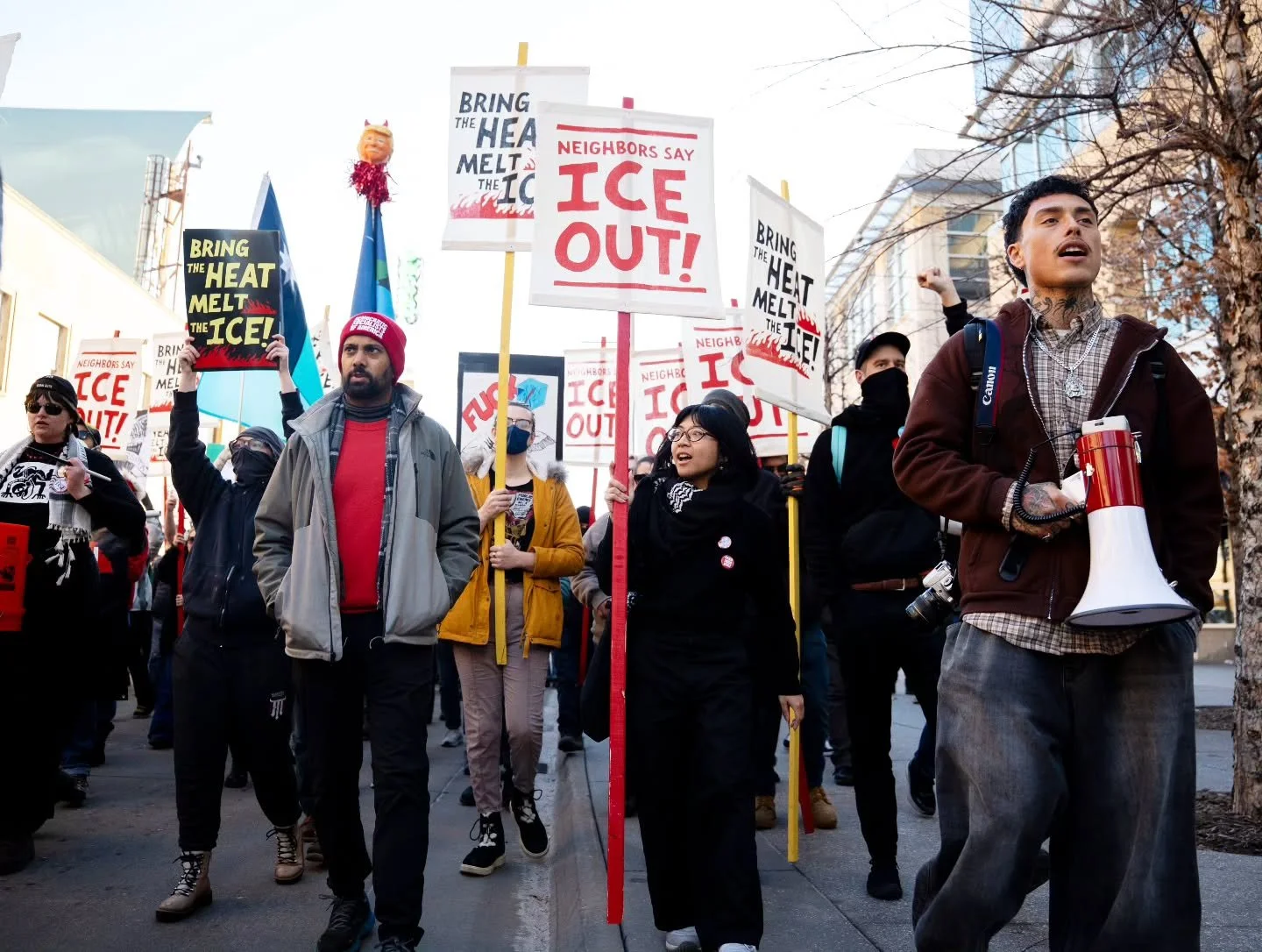 Moments from Feb. 27 in downtown Minneapolis during the workers march against ICE collaborators protest.  Community members marched through the streets of downtown, stopping outside businesses and corporate headquarters they say have been complicit, 