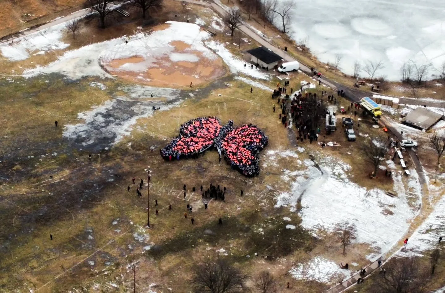 Yesterday, Feb. 28, over a thousand people came together for the Kaleidoscope of Love Project at Powderhorn, forming a giant monarch butterfly to celebrate resistance, heal, and persist against the injustices and terror of ICE, while highlighting the