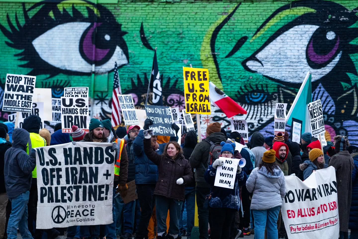 An emergency "No War with Iran" protest in Minneapolis took place on Feb 28, 2026. This was in response to the United States and Israel preemptively bombing Iran that morning. One of the initial strikes hit a school where 165 young girls we