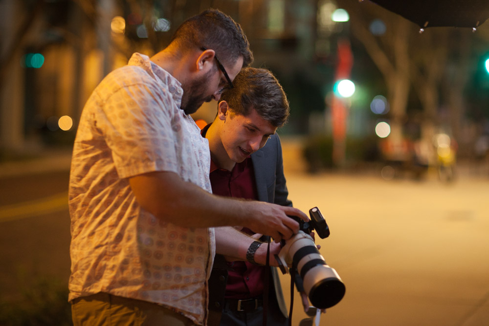 Deuce and Logen reviewing images while shooting at the Tampa Theatre