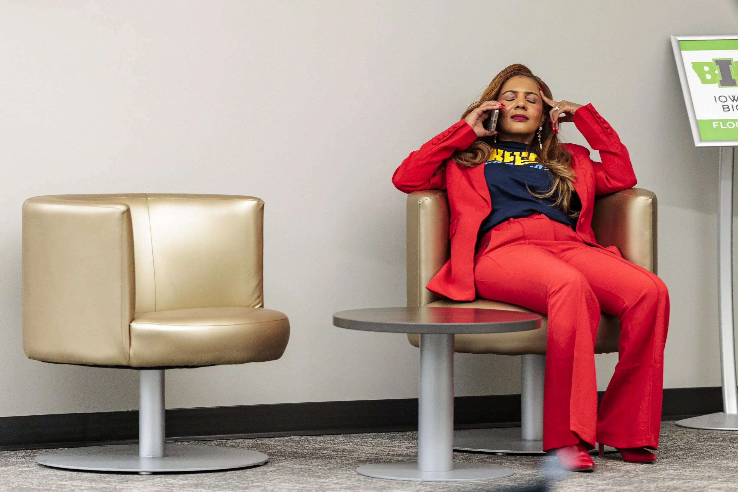 CRCSD Superintendent Dr. Tawana Grover makes a phone call as the results of a school bond referendum begin to be announced during an election night watch party in Cedar Rapids on Tuesday, Nov. 4, 2025. The bond failed to meet the necessary sixty perc