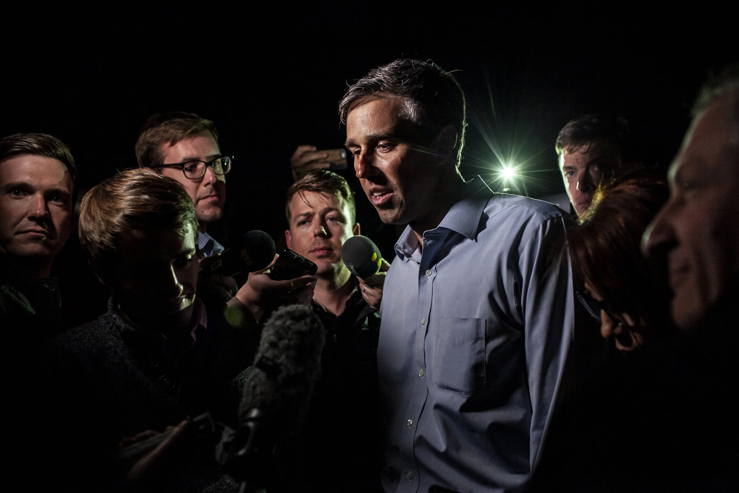  Democratic presidential candidate Beto O’Rourke speaks with members of the press after an event at a supporter’s home in Dubuque, Iowa on Sunday, March 16, 2019.  