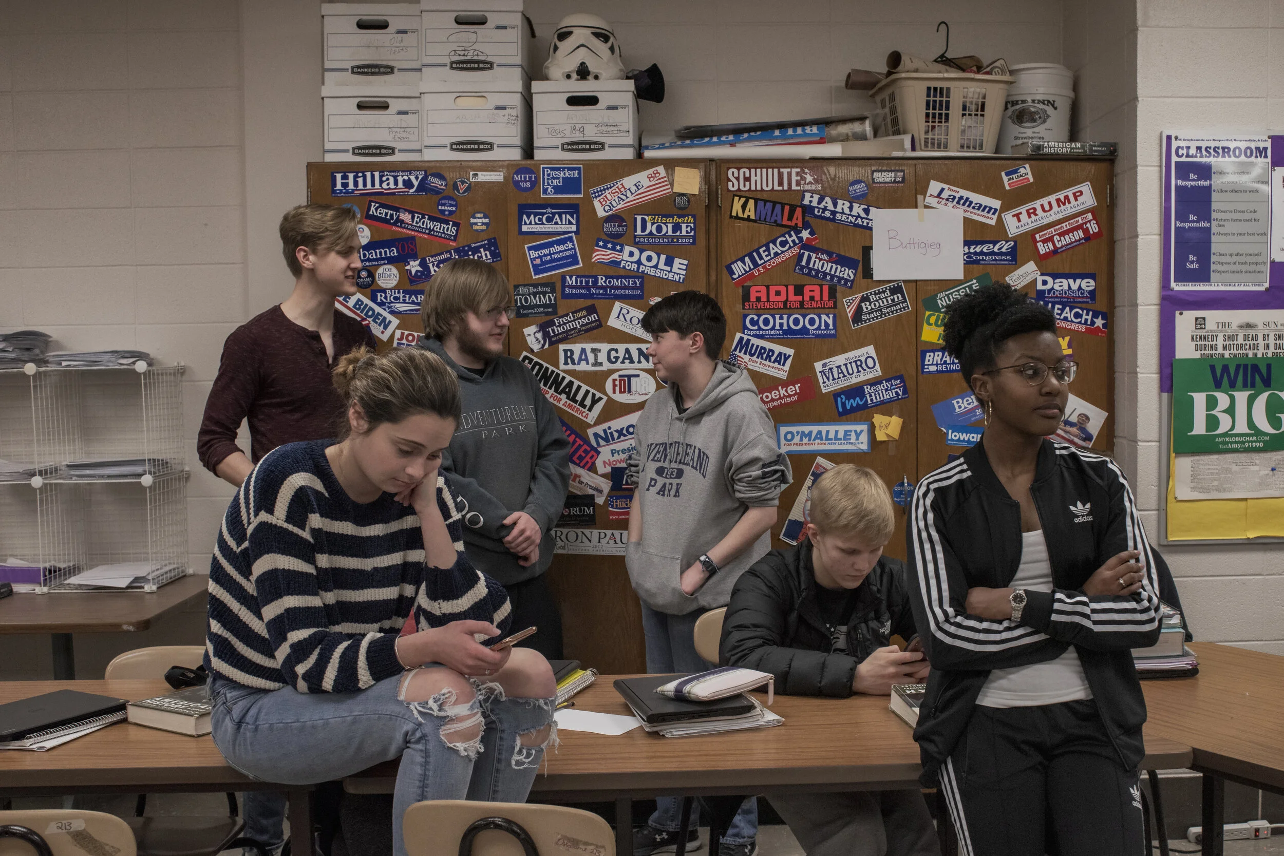  Students participate in a mock caucus during a government class at Burlington High School in Burlington, Iowa on Friday, Jan. 31, 2020. The class is composed entirely of high school seniors, many of whom are eligible to participate in the Iowa Caucu