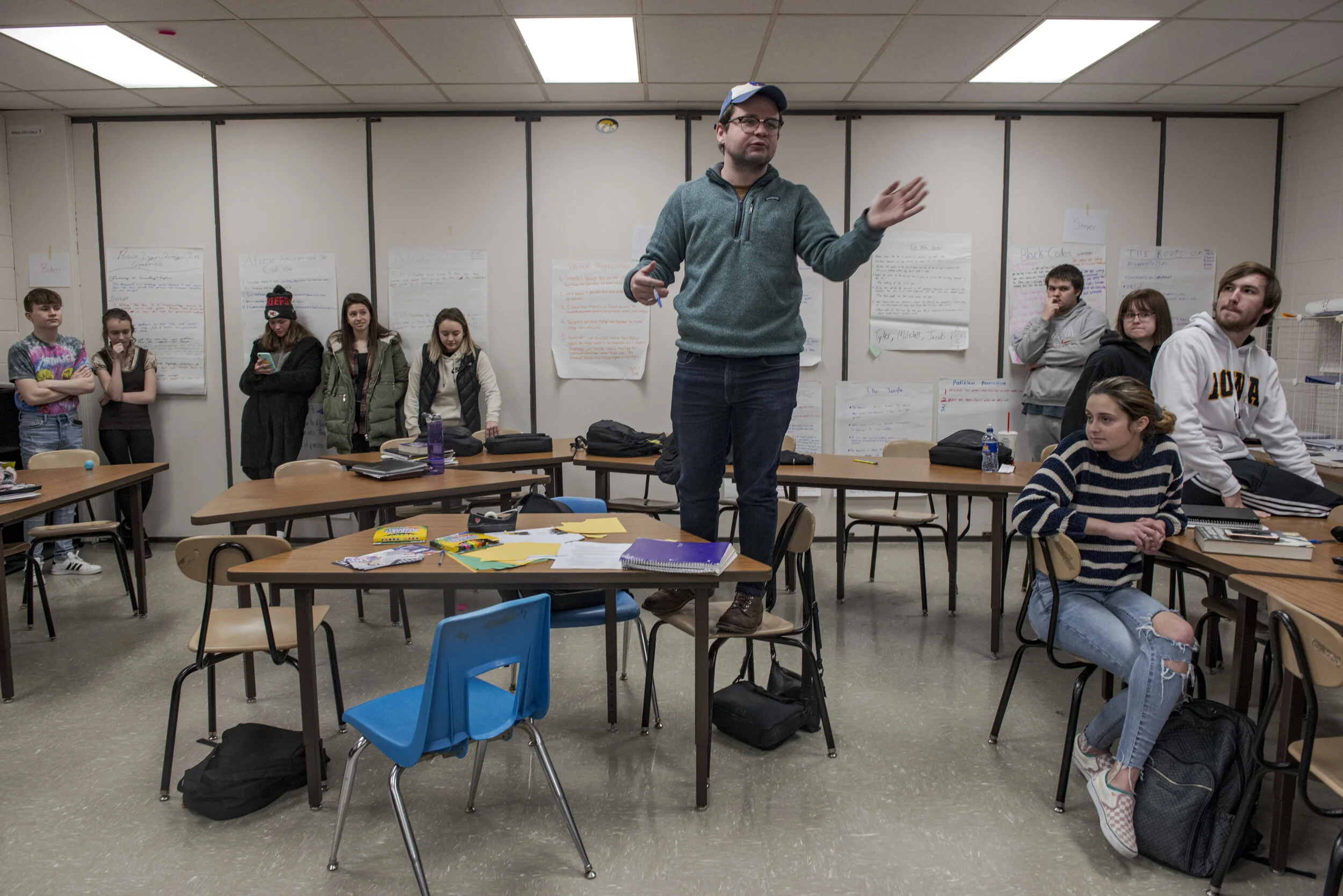  Benjamin Nelson, 22, leads a mock caucus during a government class at Burlington High School in Burlington, Iowa on Friday, Jan. 31, 2020. The class is composed entirely of high school seniors, who if they are 18 years old at the time of the caucus,
